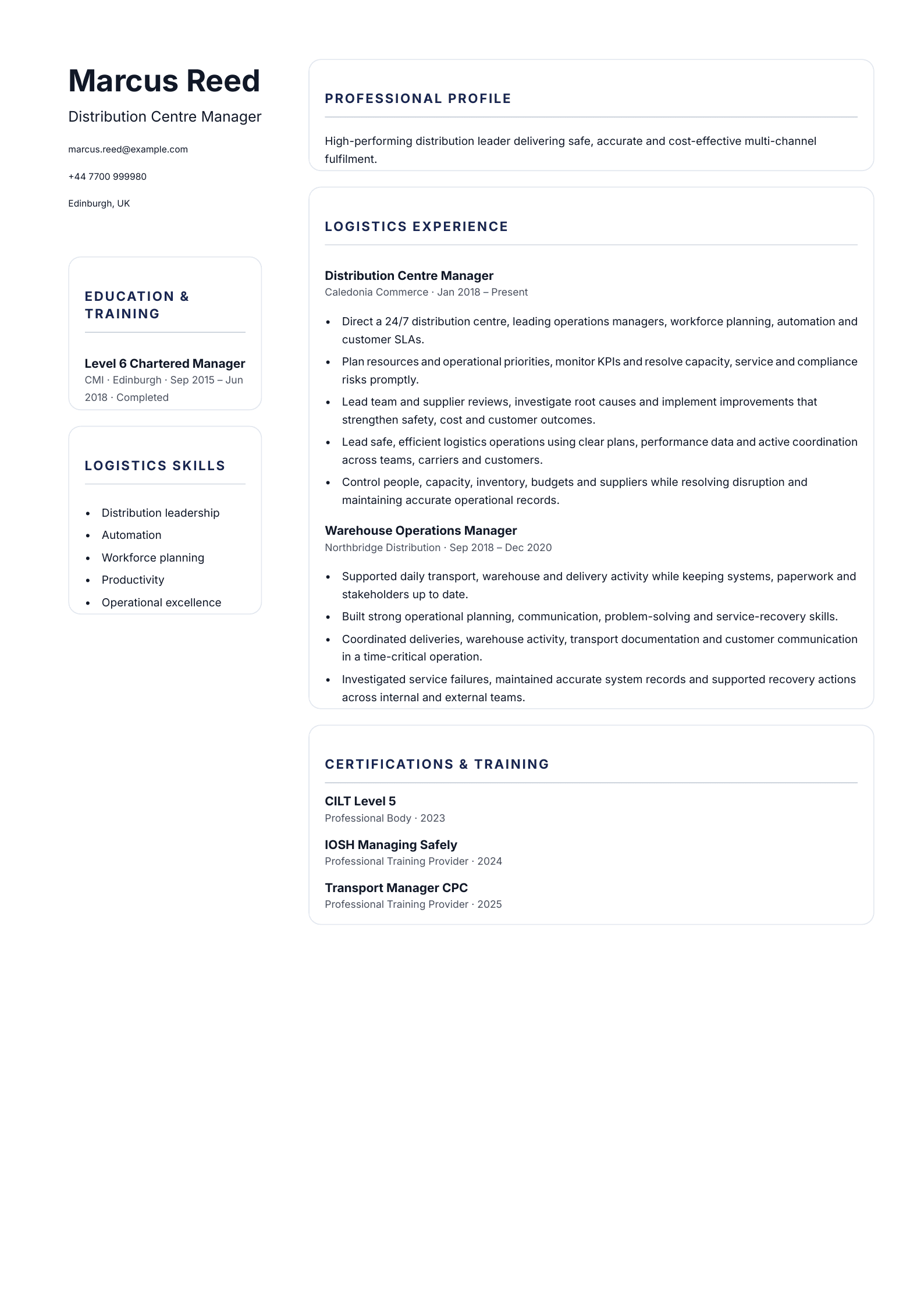 Distribution Centre Manager CV template