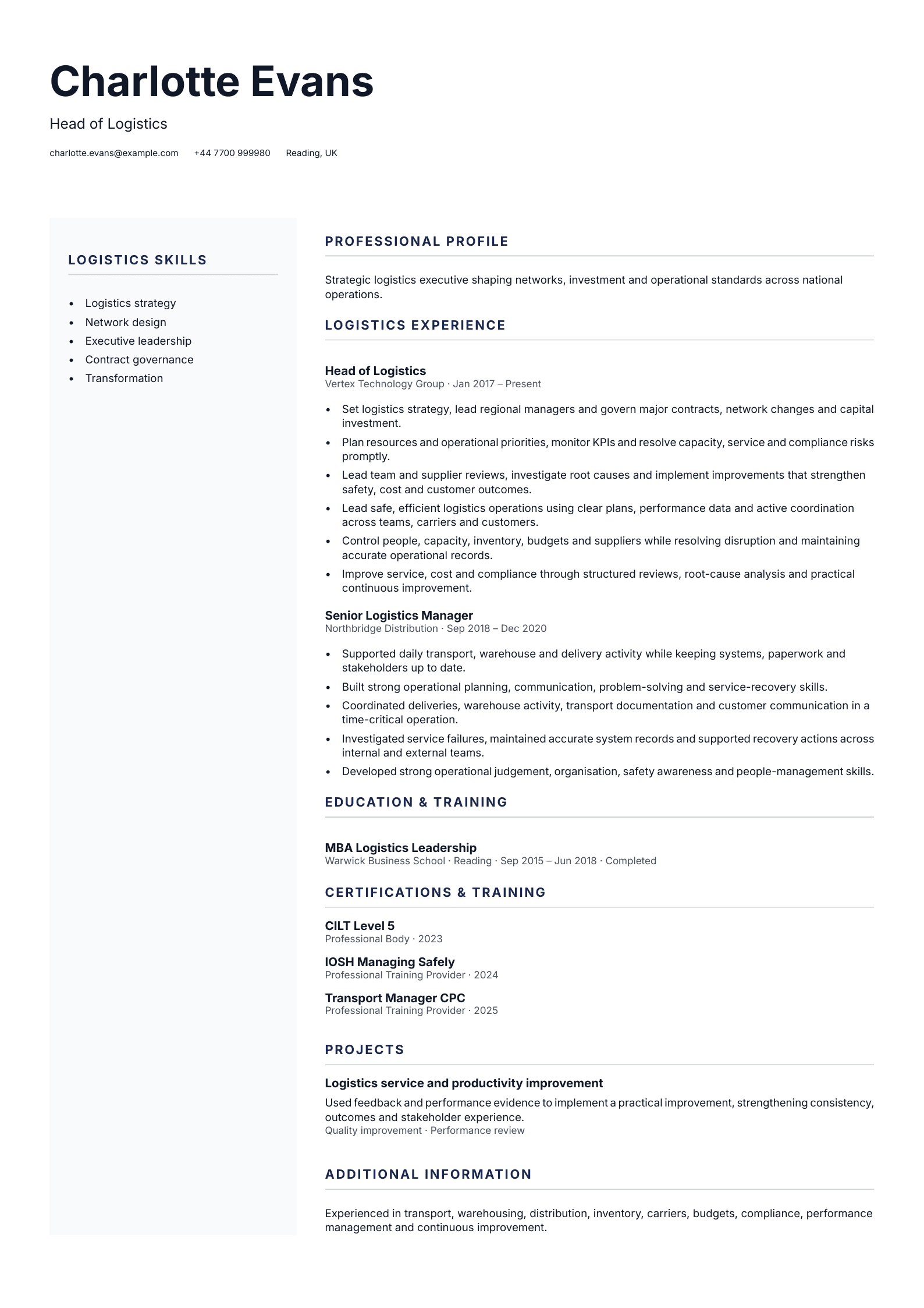 Head of Logistics CV template