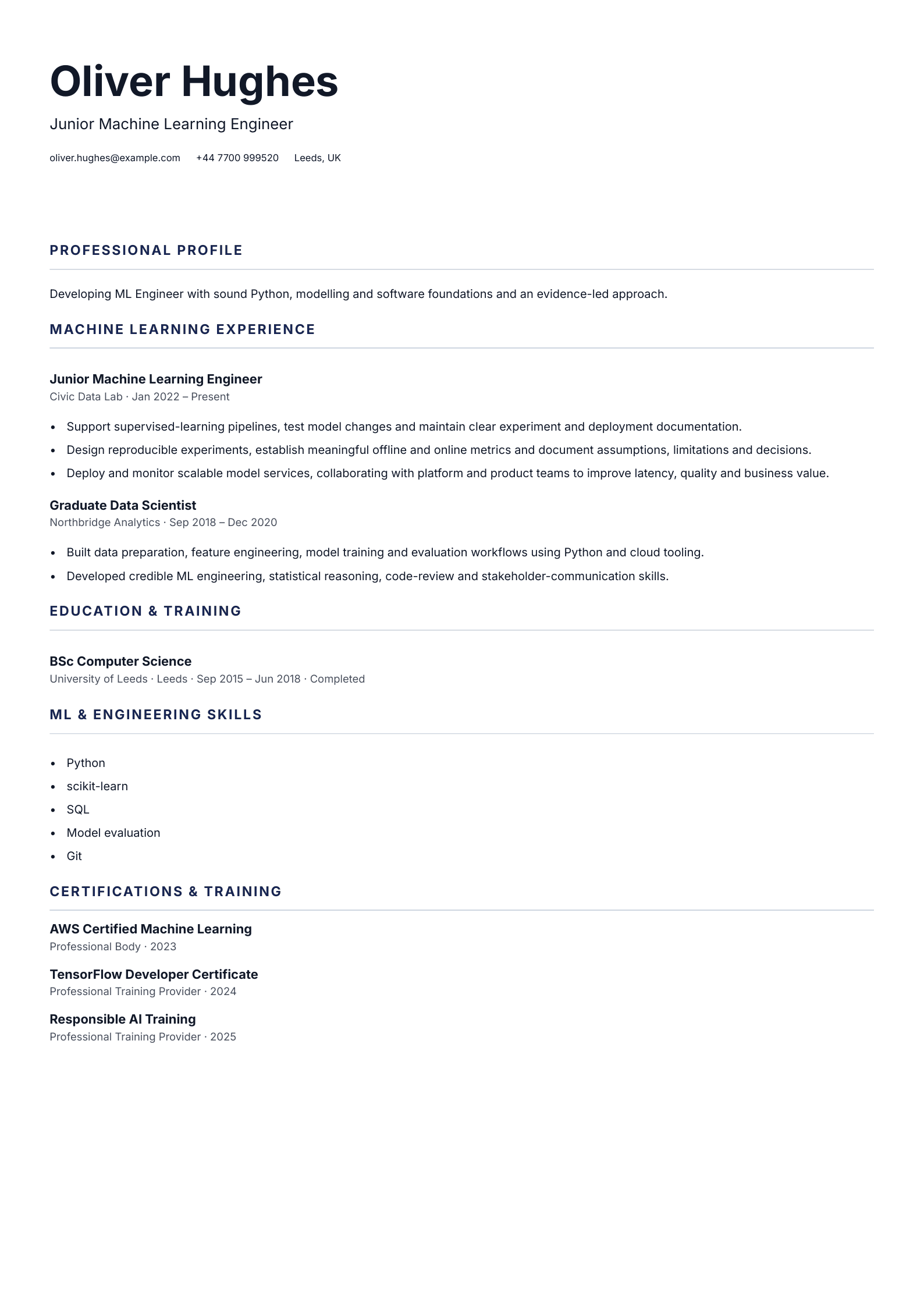 Junior Machine Learning Engineer CV template