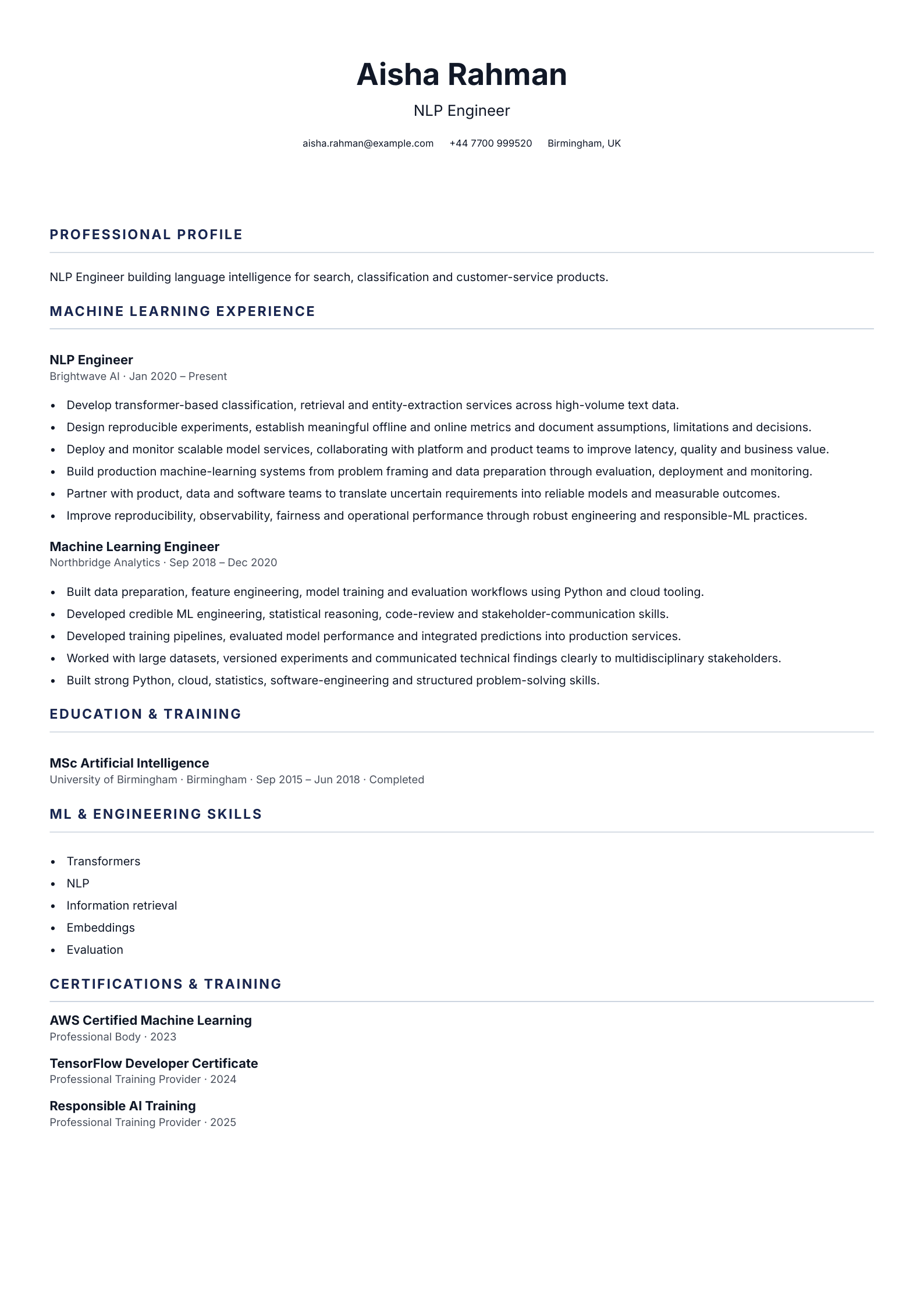 NLP Engineer CV template