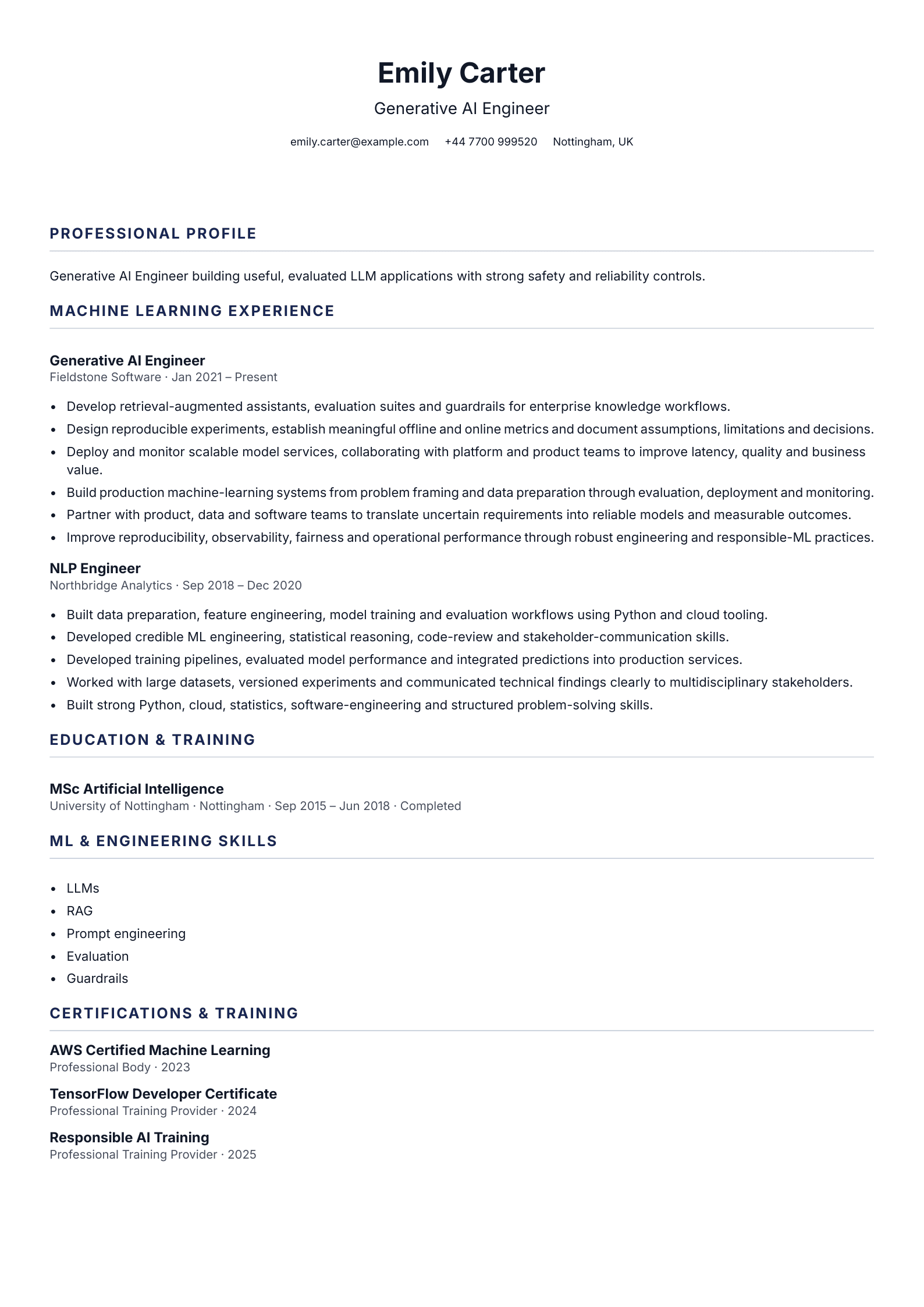 Generative AI Engineer CV template