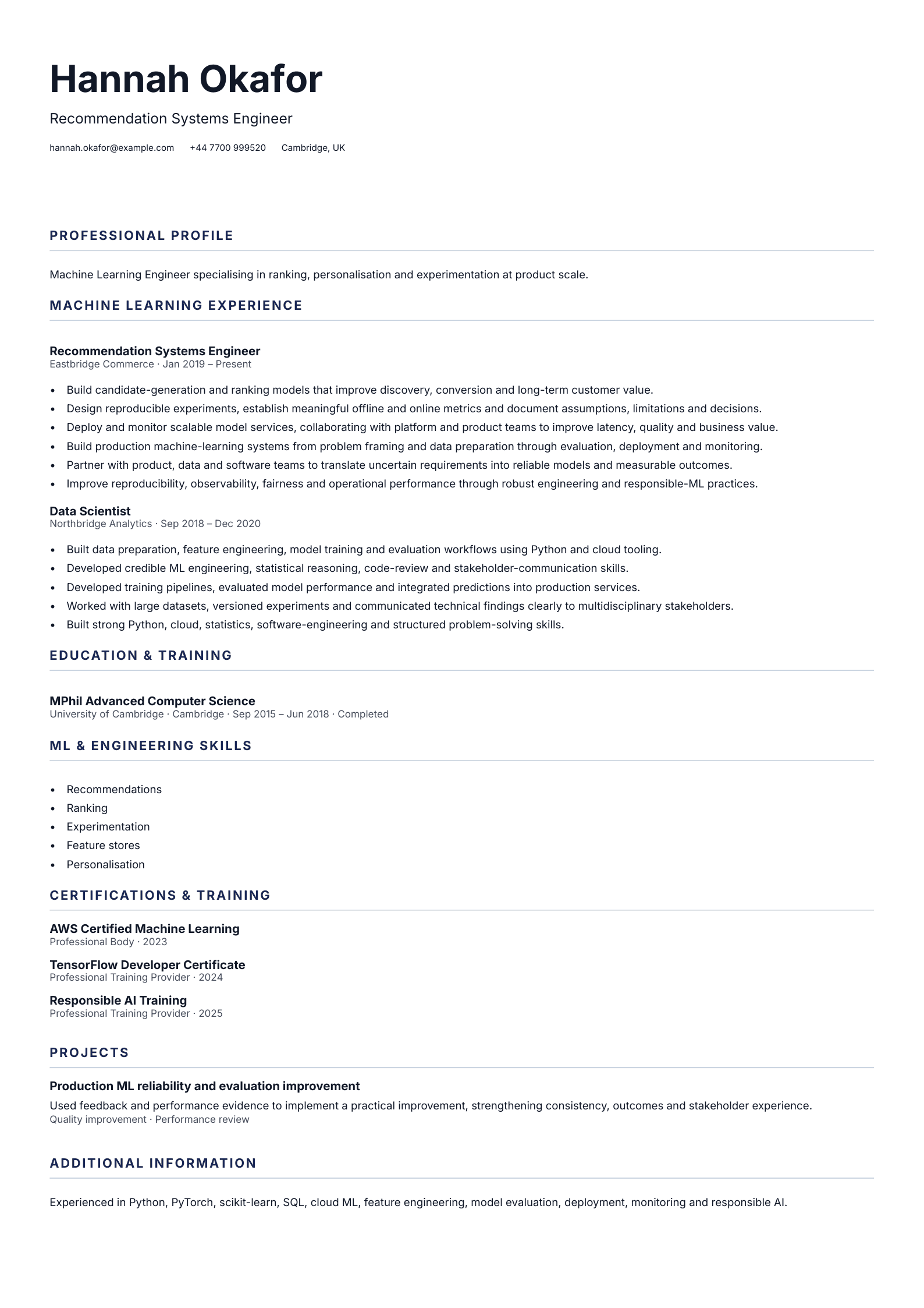 Recommendation Systems Engineer CV template