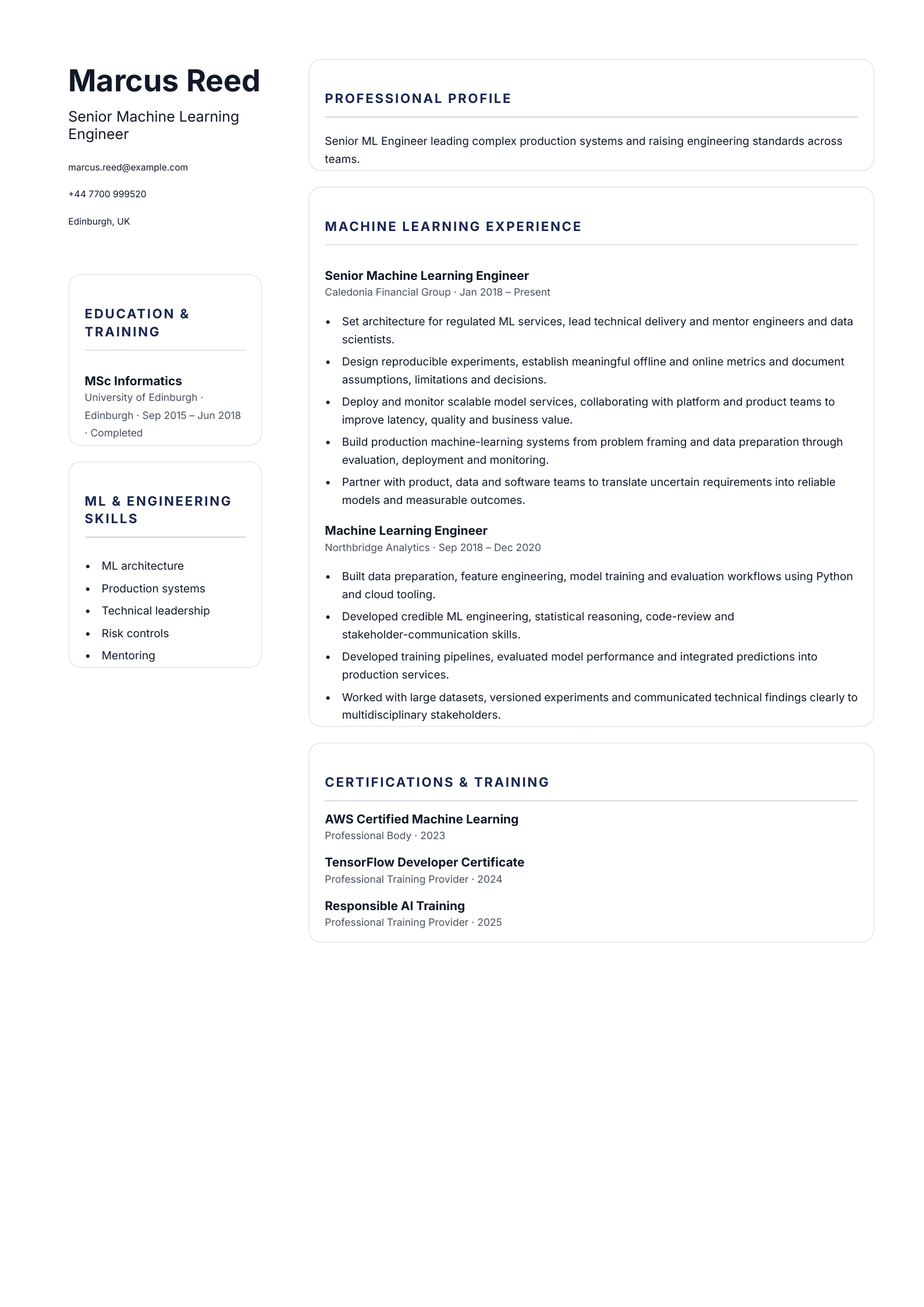 Senior Machine Learning Engineer CV template