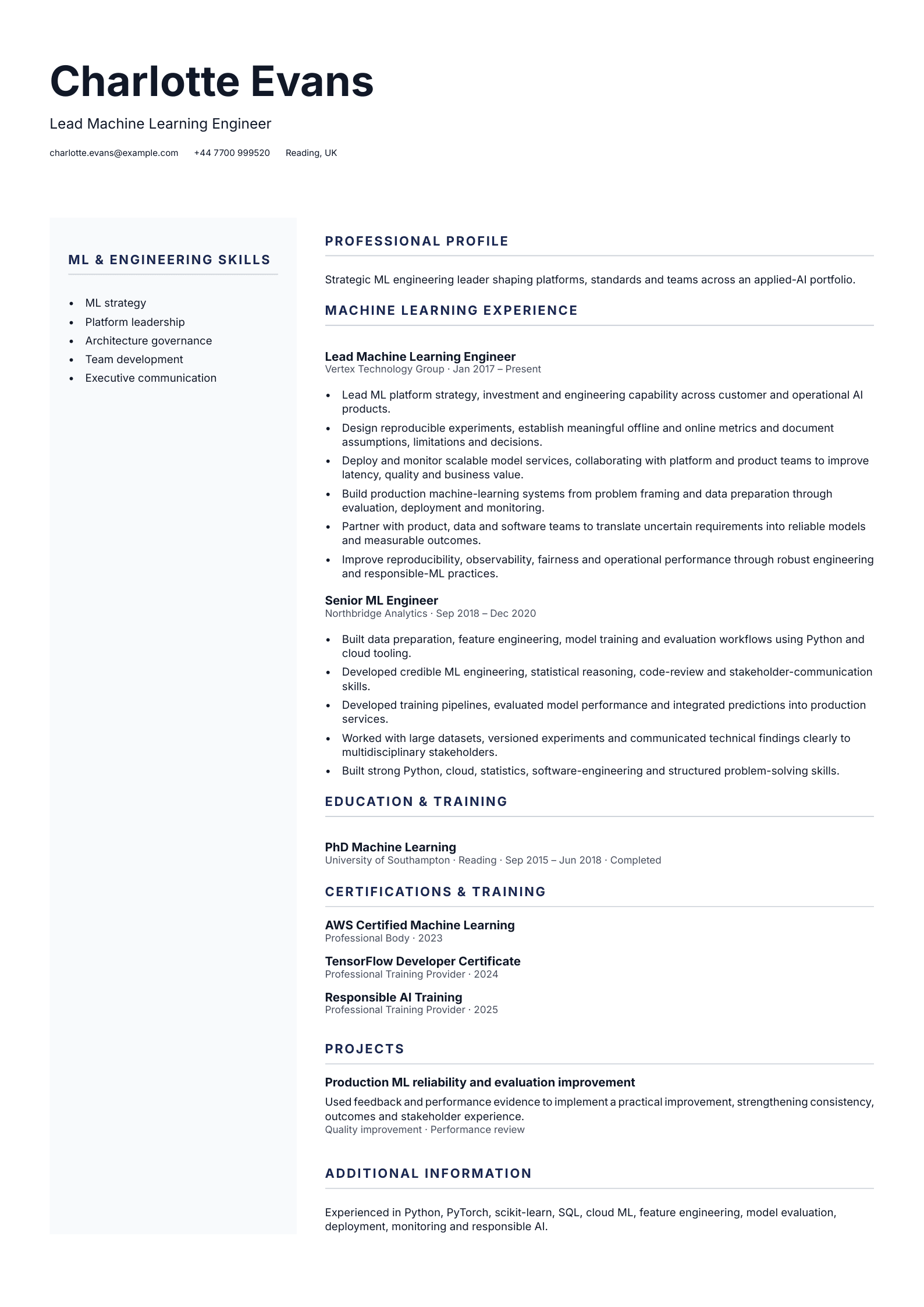 Lead Machine Learning Engineer CV template