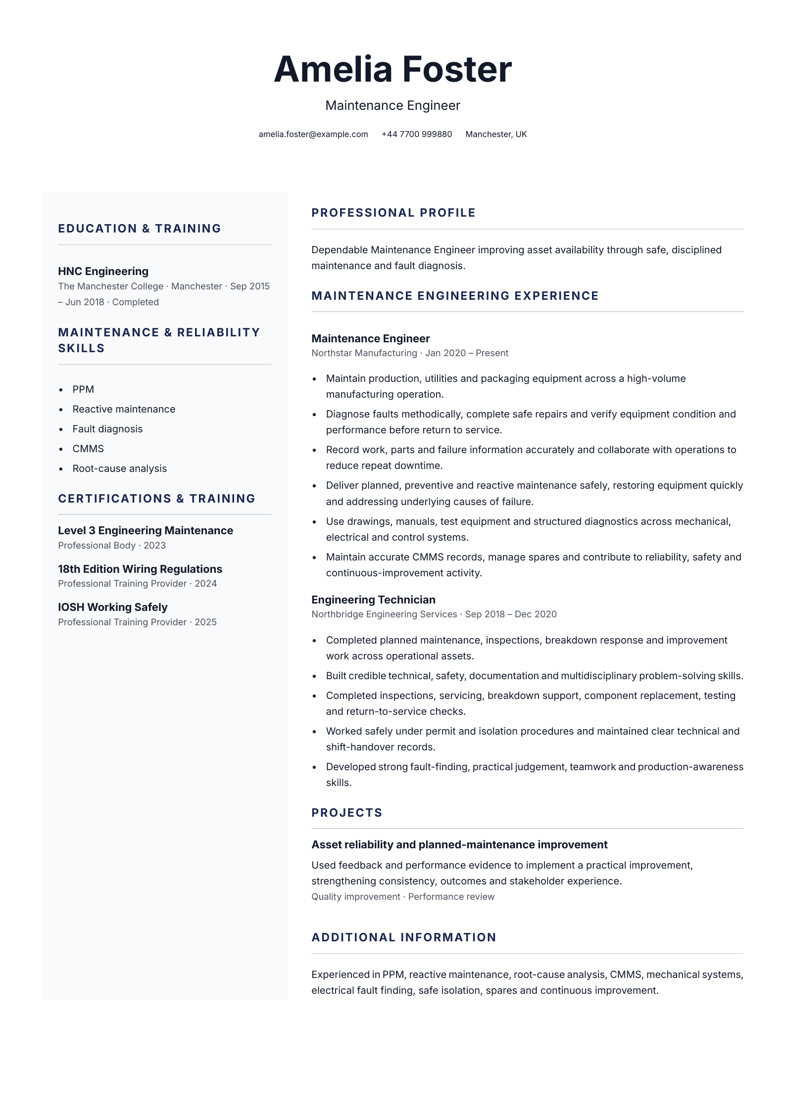 Maintenance engineer CV