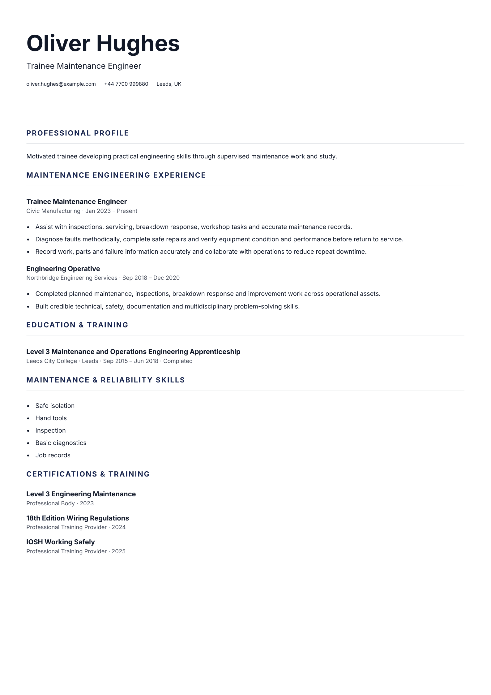 Trainee Maintenance Engineer CV template