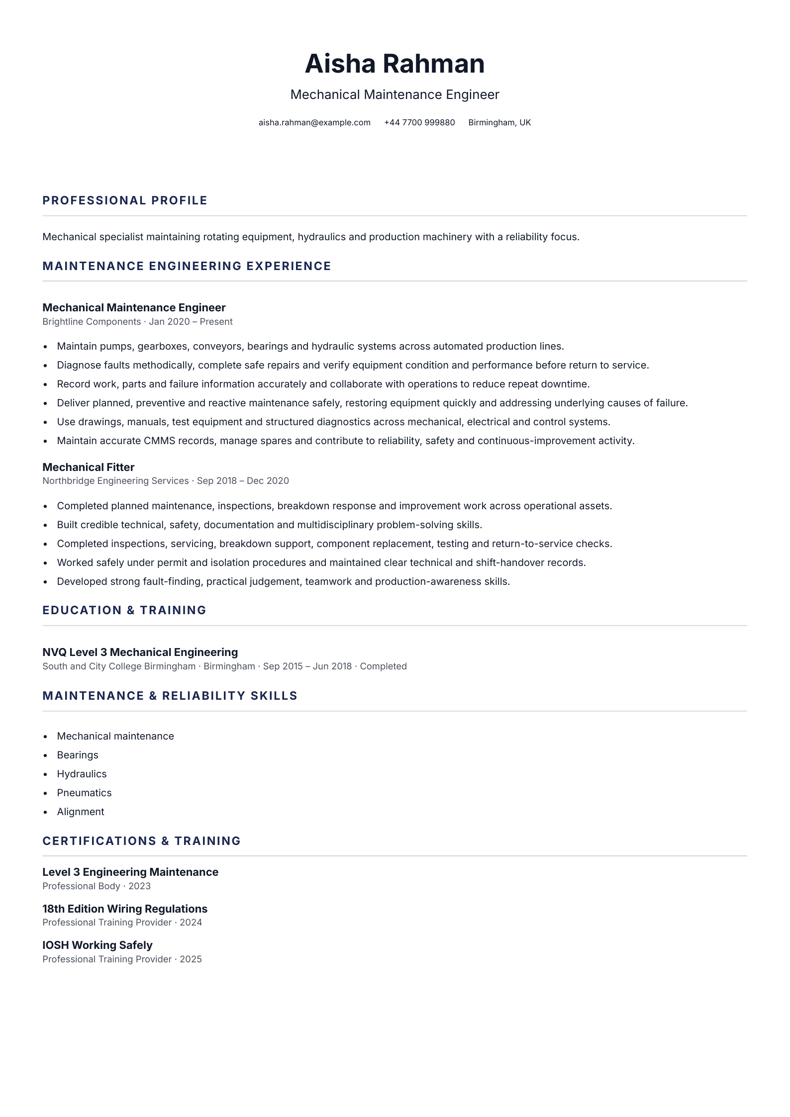 Mechanical Maintenance Engineer CV template