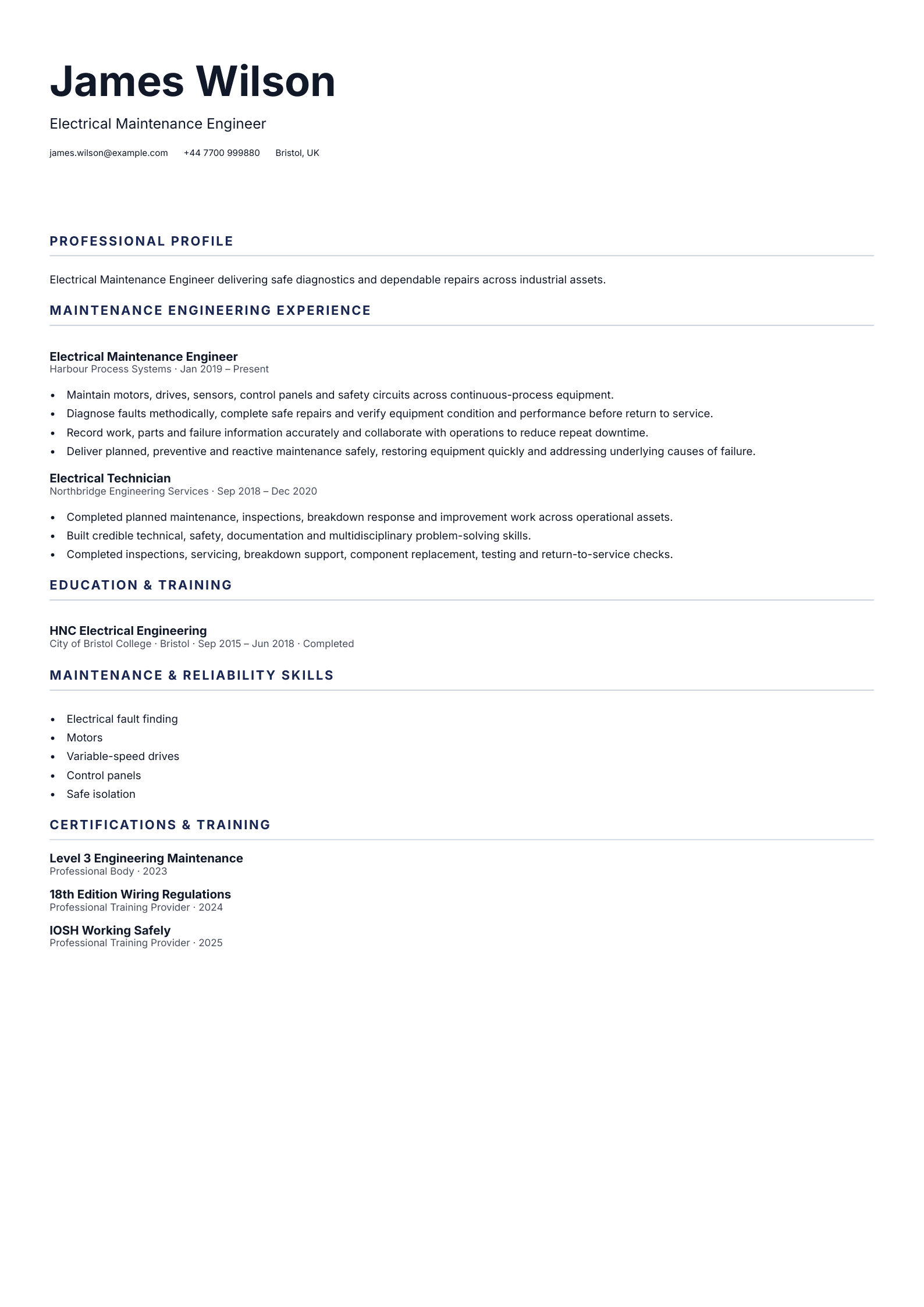 Electrical Maintenance Engineer CV template