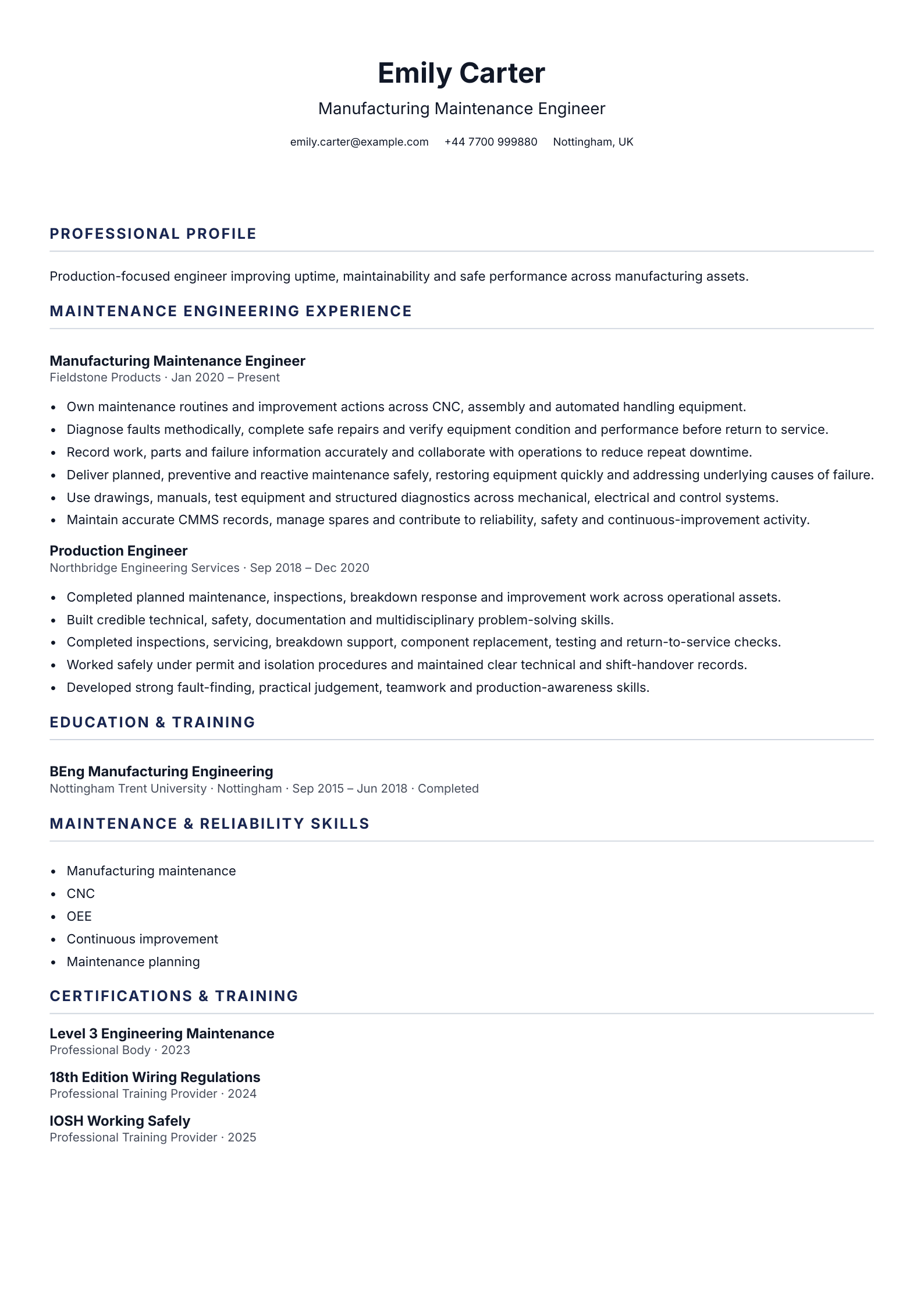 Manufacturing Maintenance Engineer CV template
