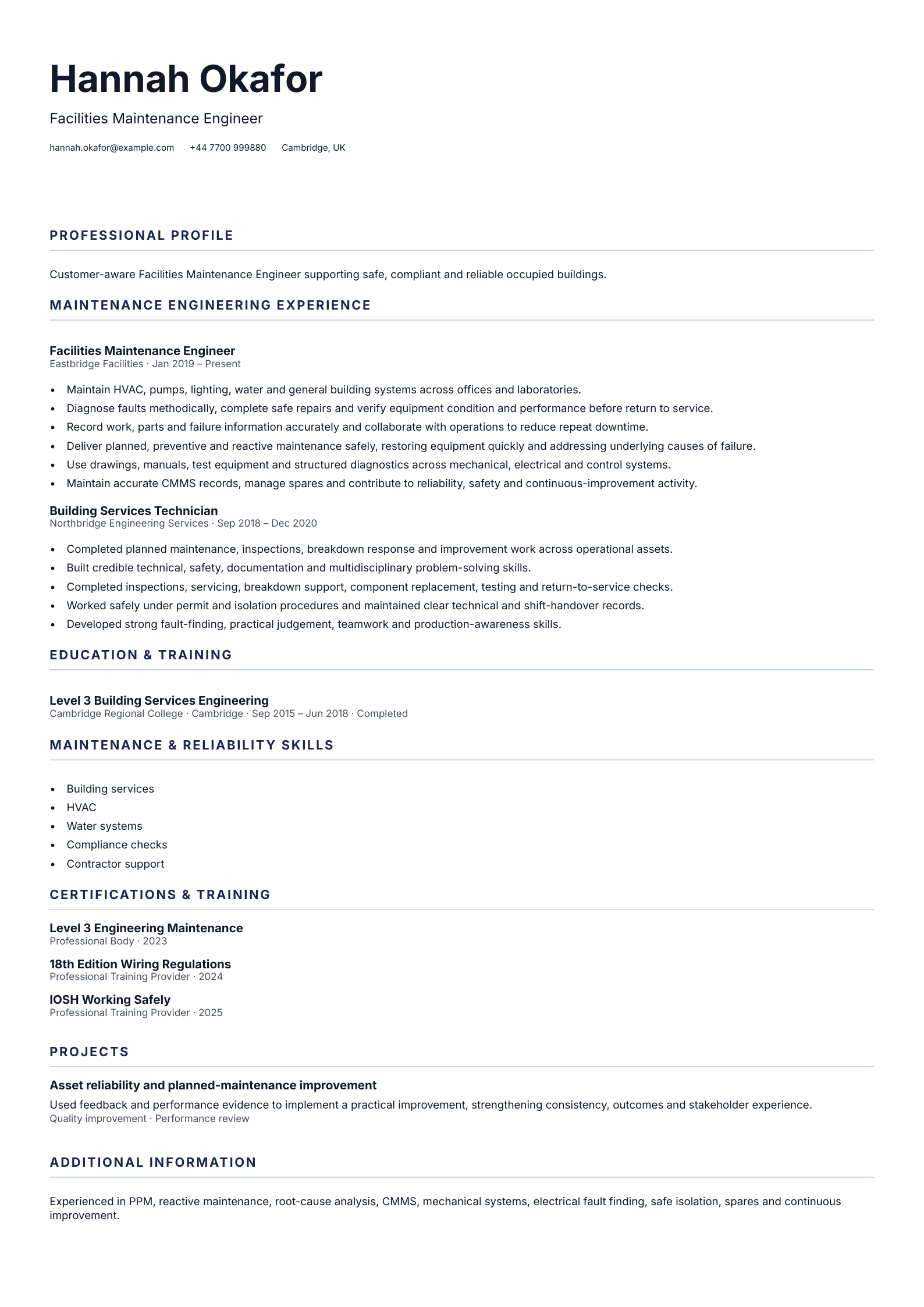 Facilities Maintenance Engineer CV template