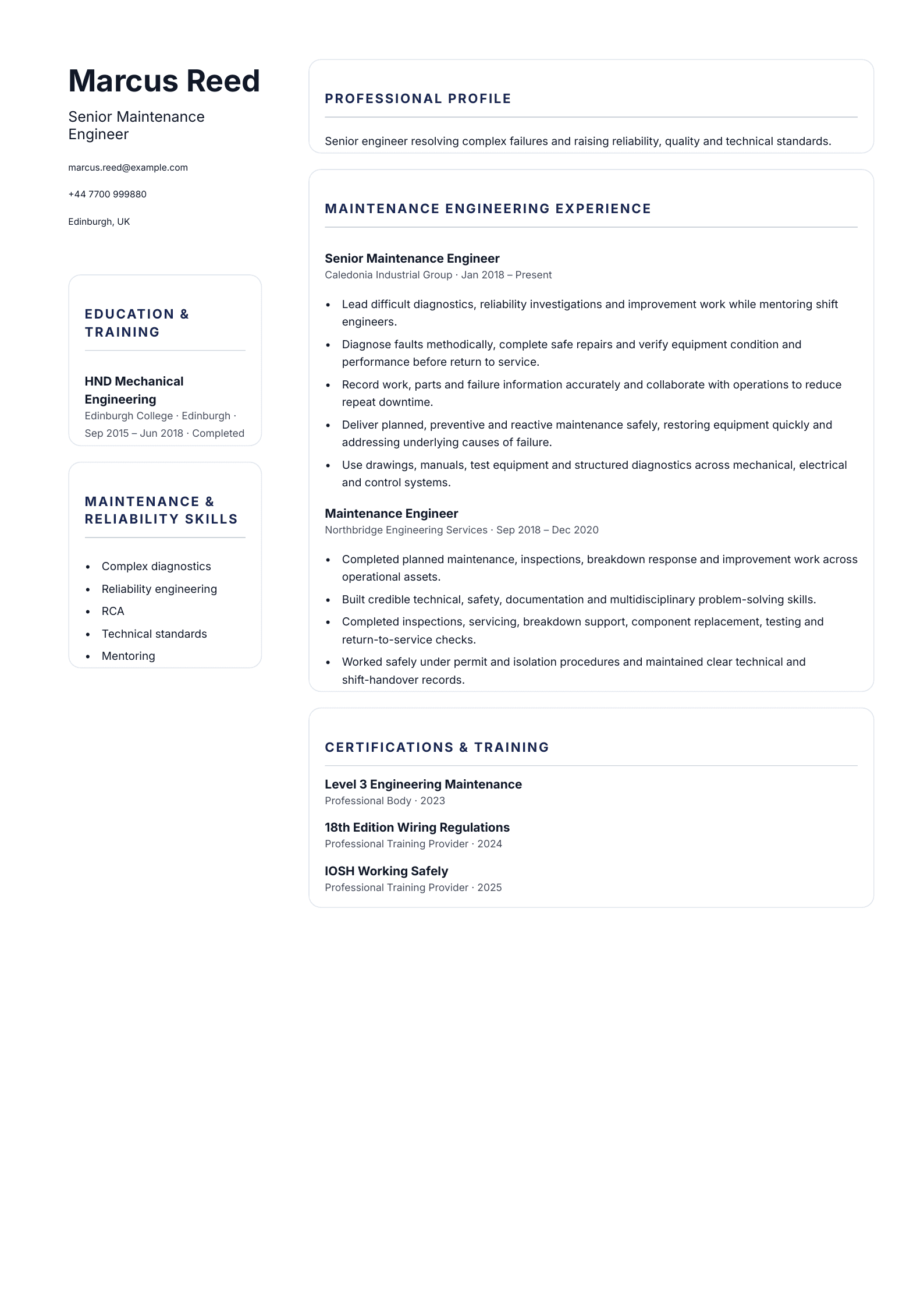 Senior Maintenance Engineer CV template