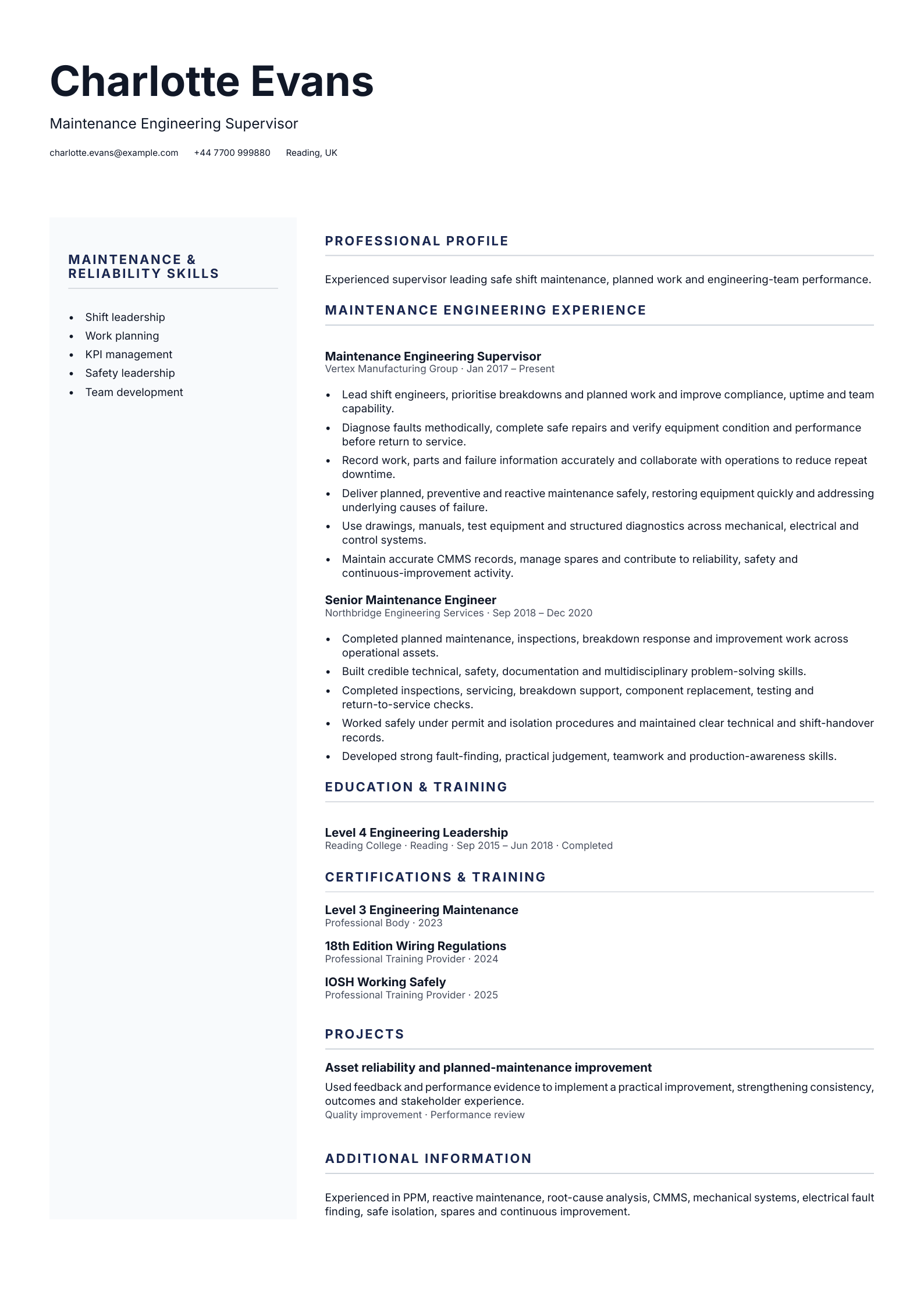 Maintenance Engineering Supervisor CV template