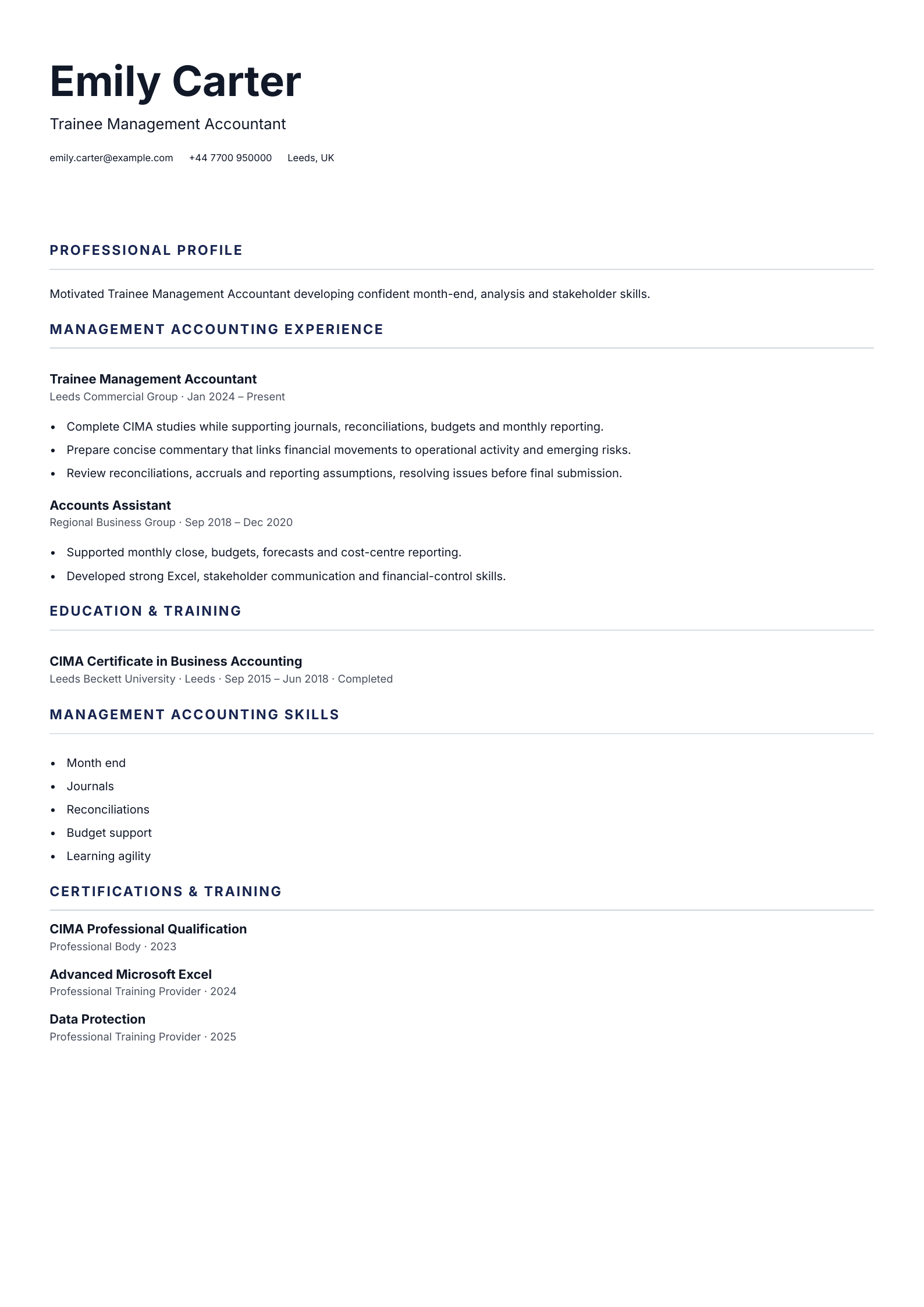 Trainee Management Accountant CV template