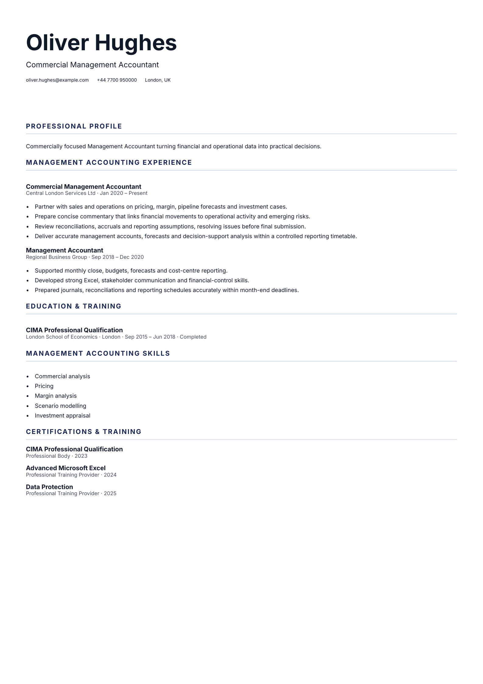 Commercial Management Accountant CV template