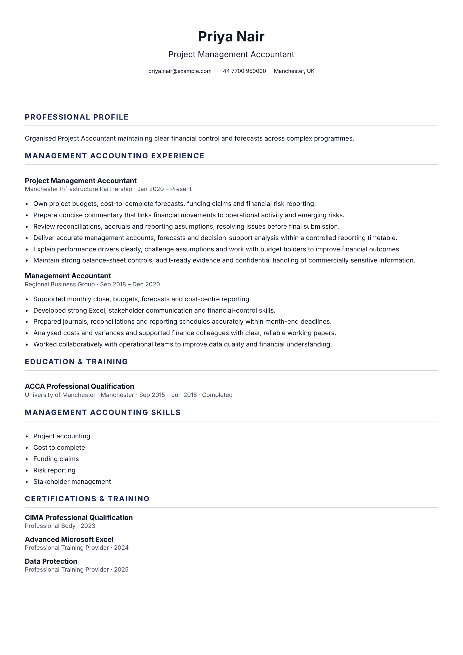 Project Management Accountant CV template