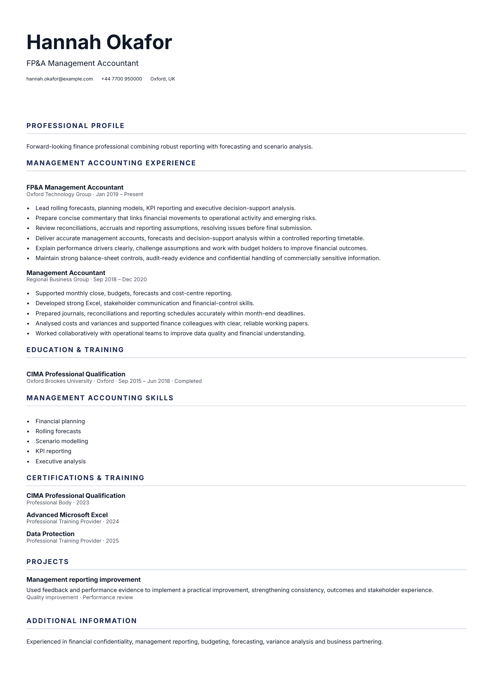 FP&A Management Accountant CV template