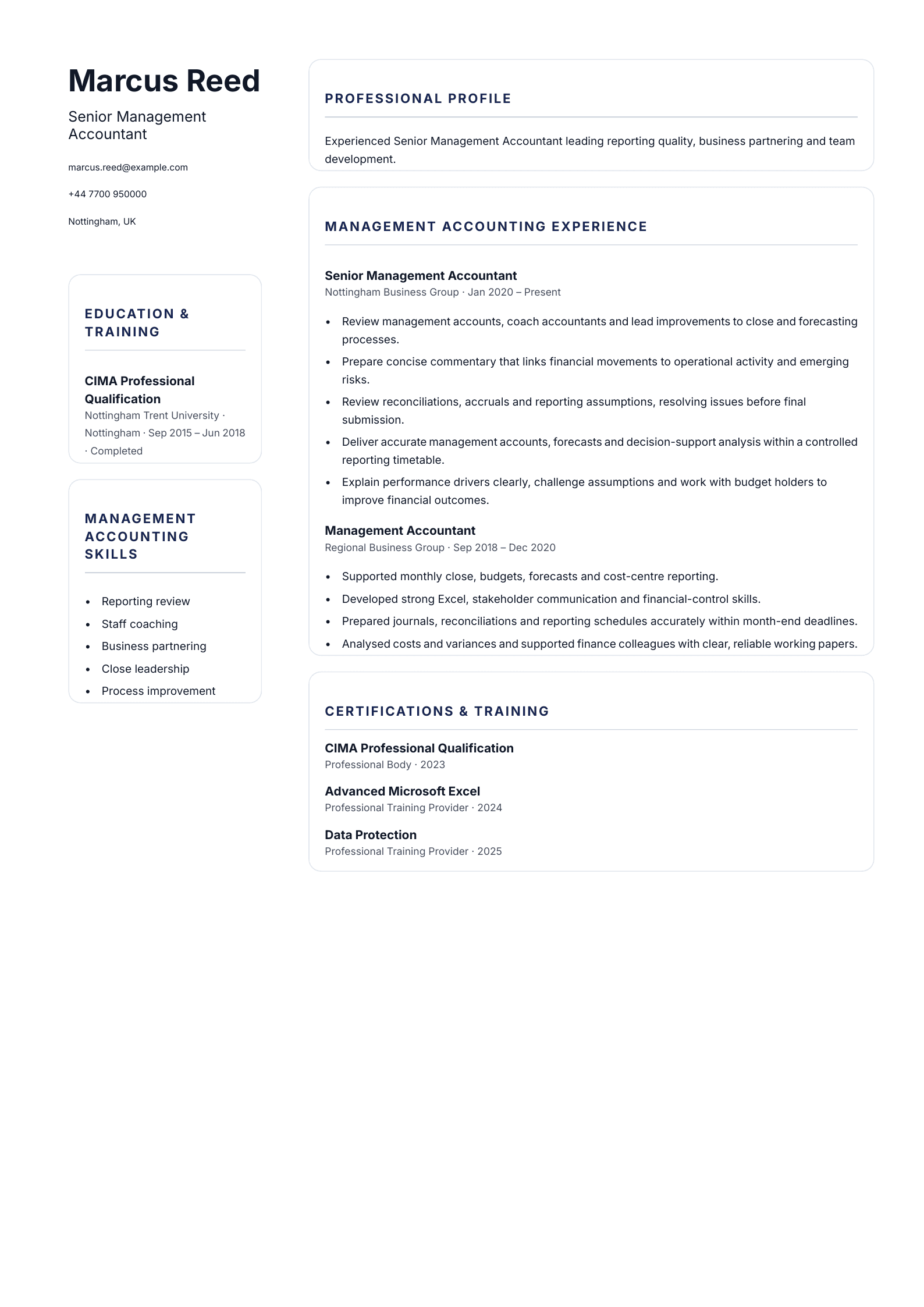 Senior Management Accountant CV template
