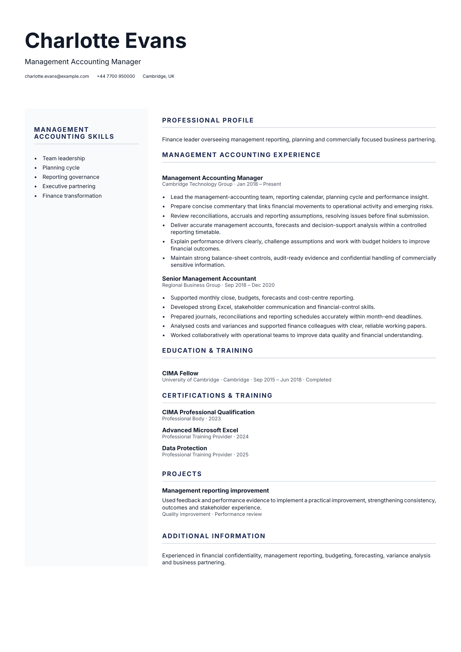 Management Accounting Manager CV template