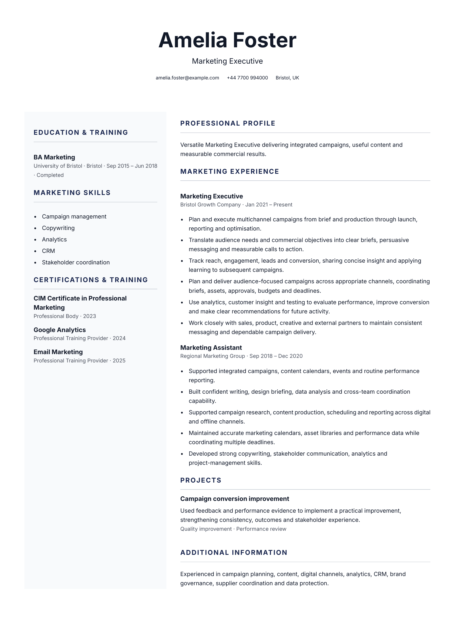 Marketing executive CV