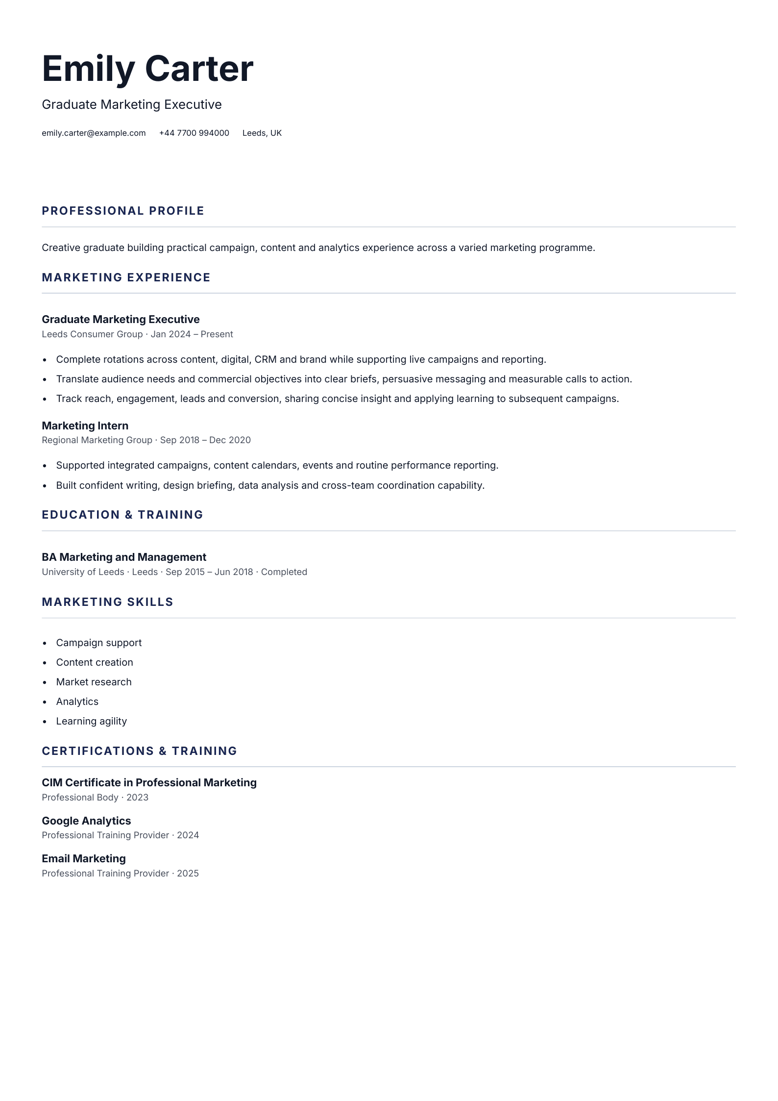 Graduate Marketing Executive CV template