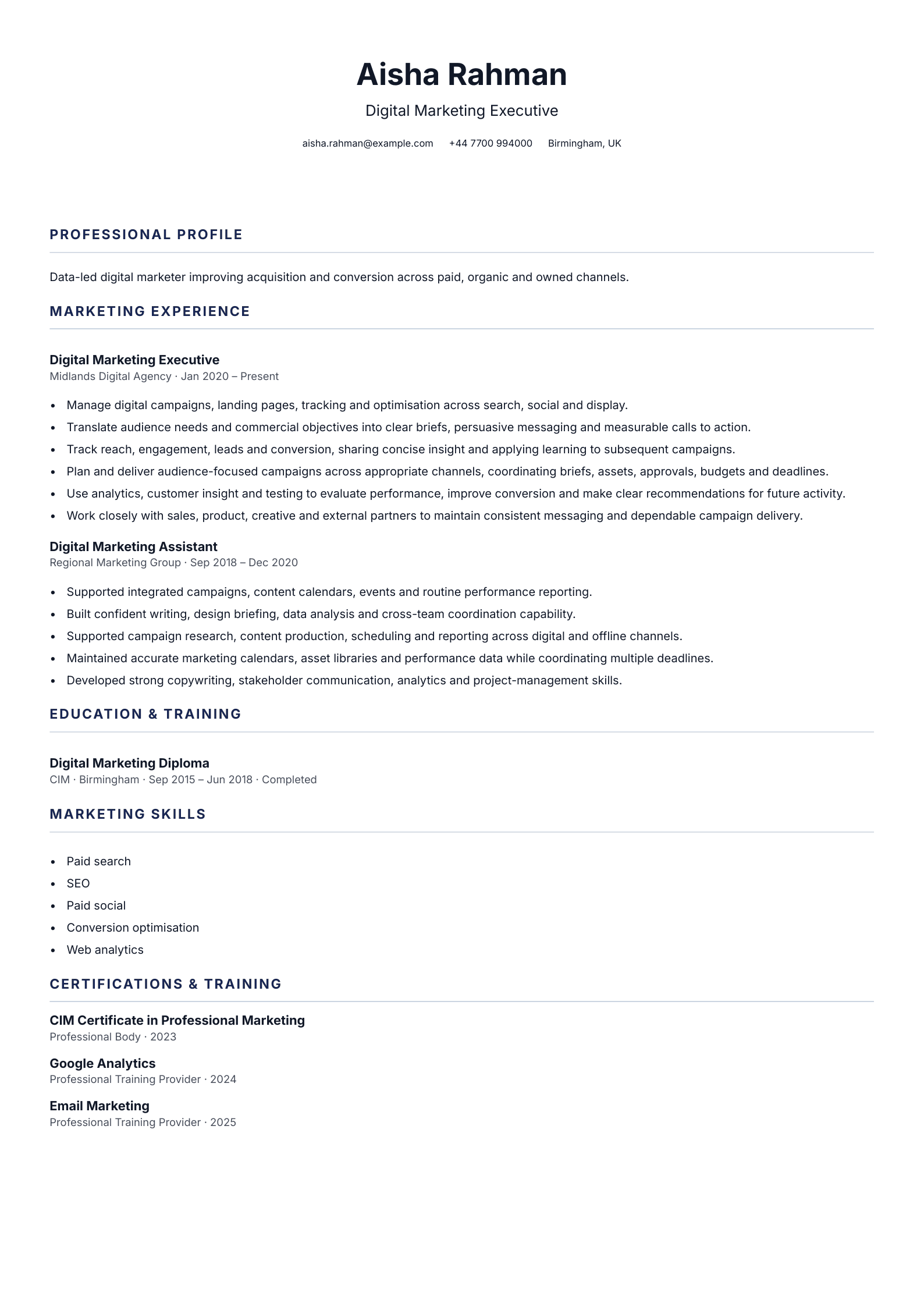 Digital Marketing Executive CV template