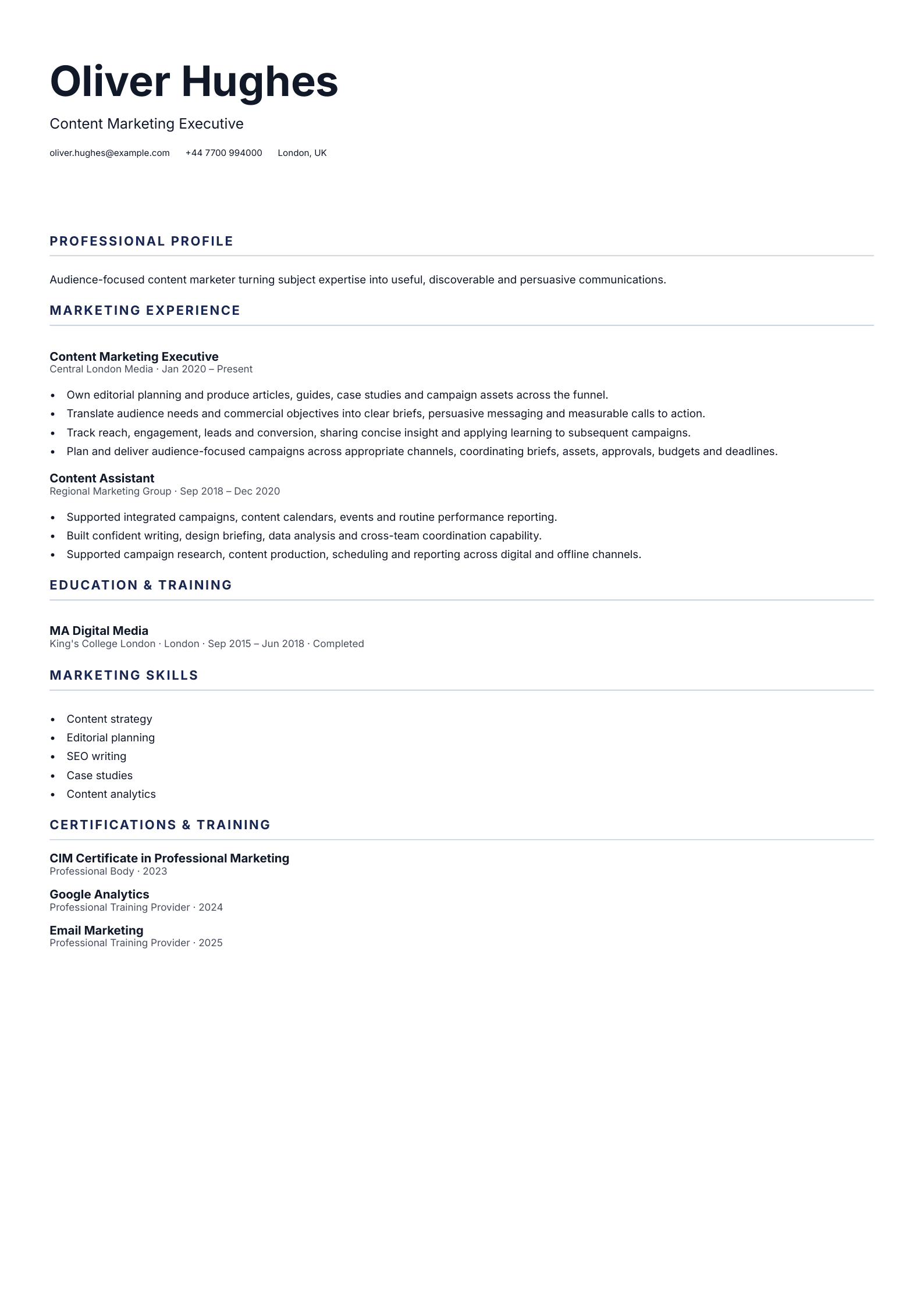 Content Marketing Executive CV template