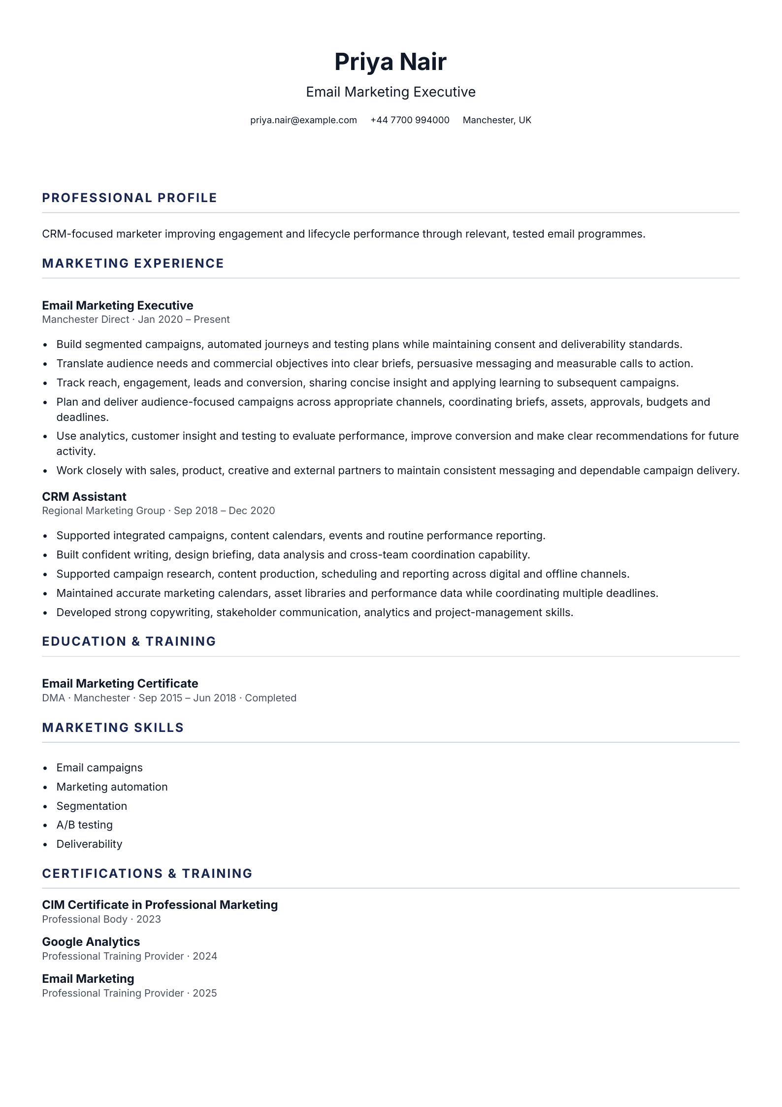 Email Marketing Executive CV template