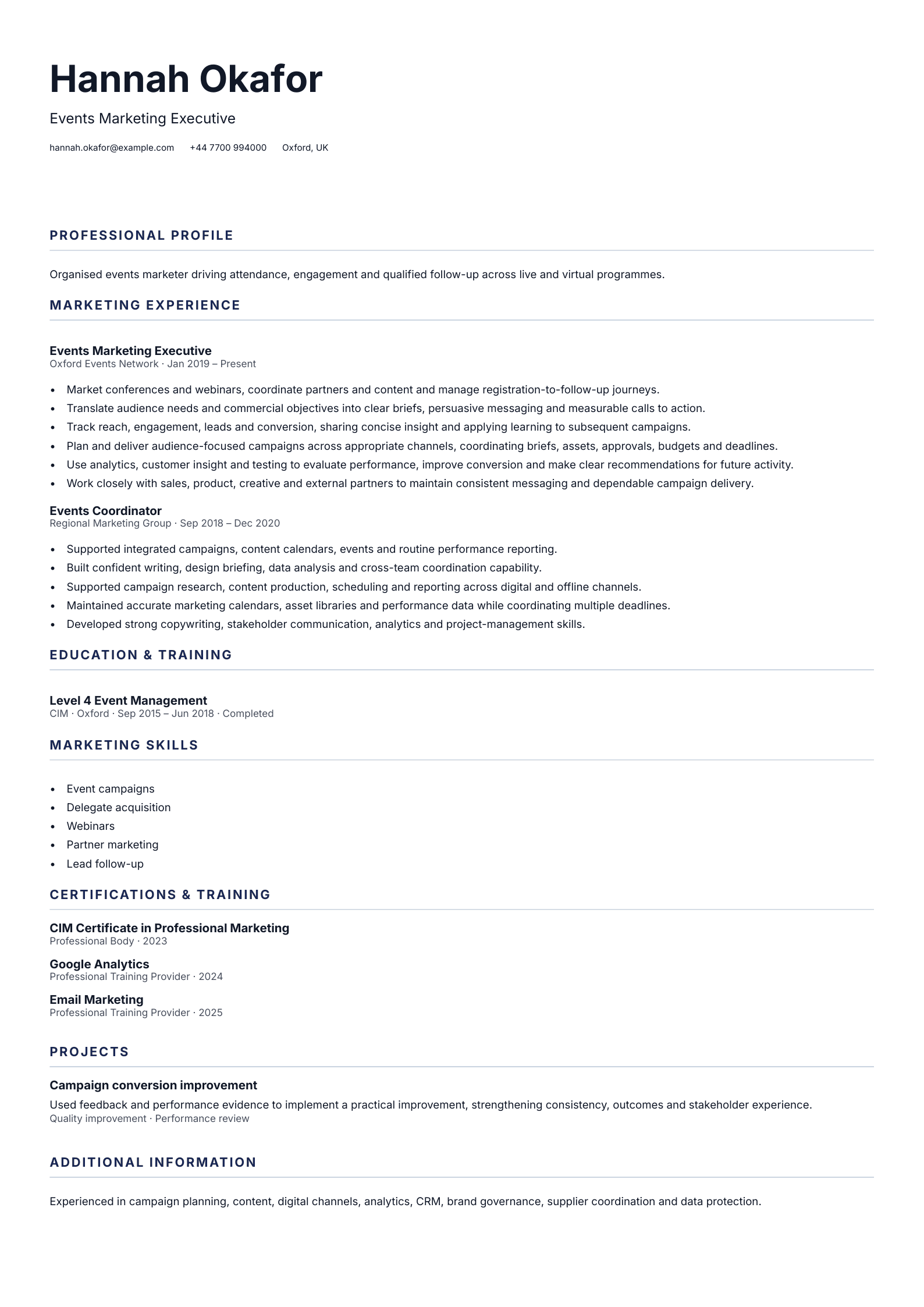 Events Marketing Executive CV template