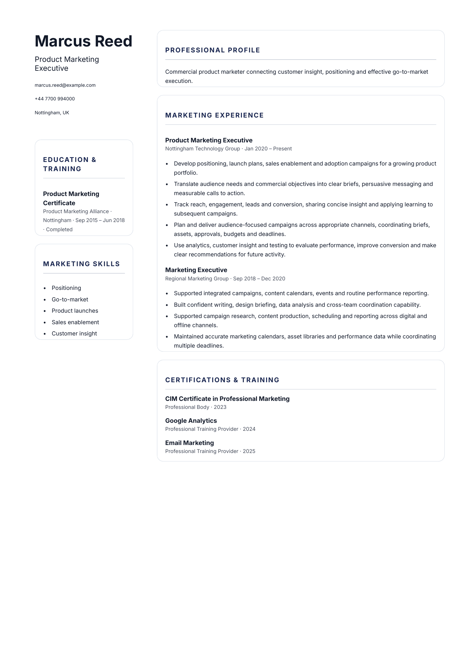 Product Marketing Executive CV template