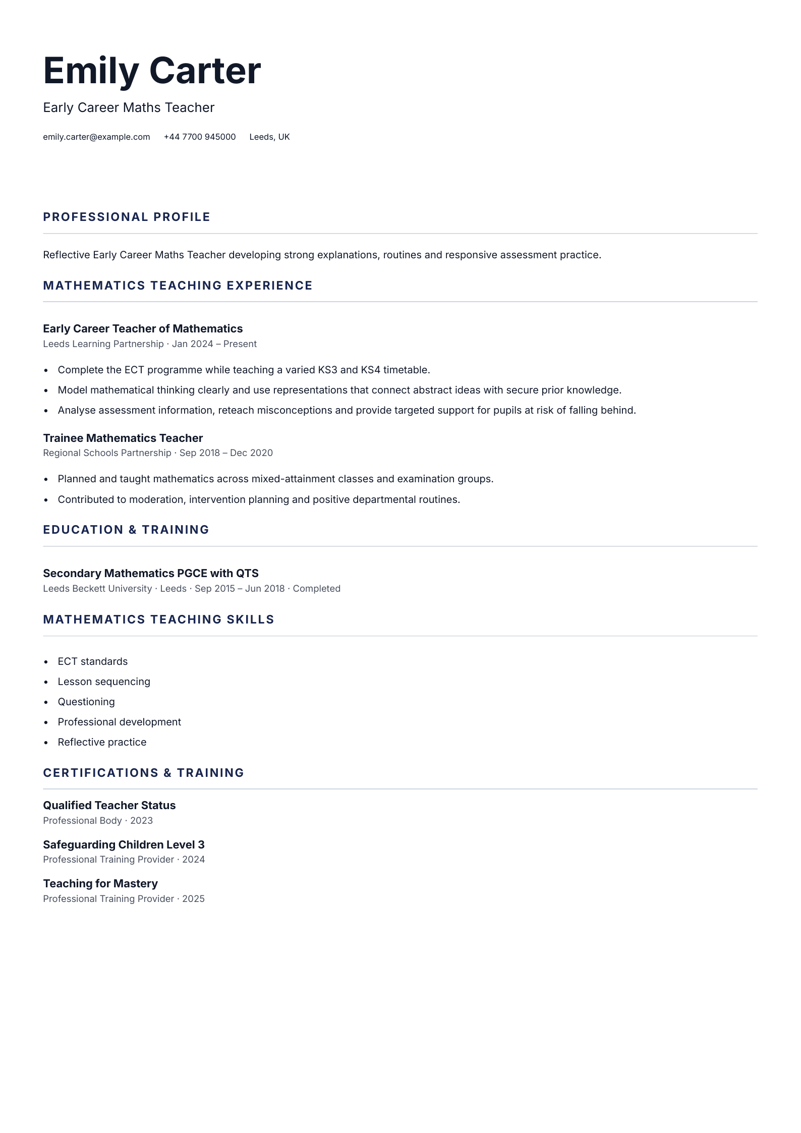 Early Career Maths Teacher CV template
