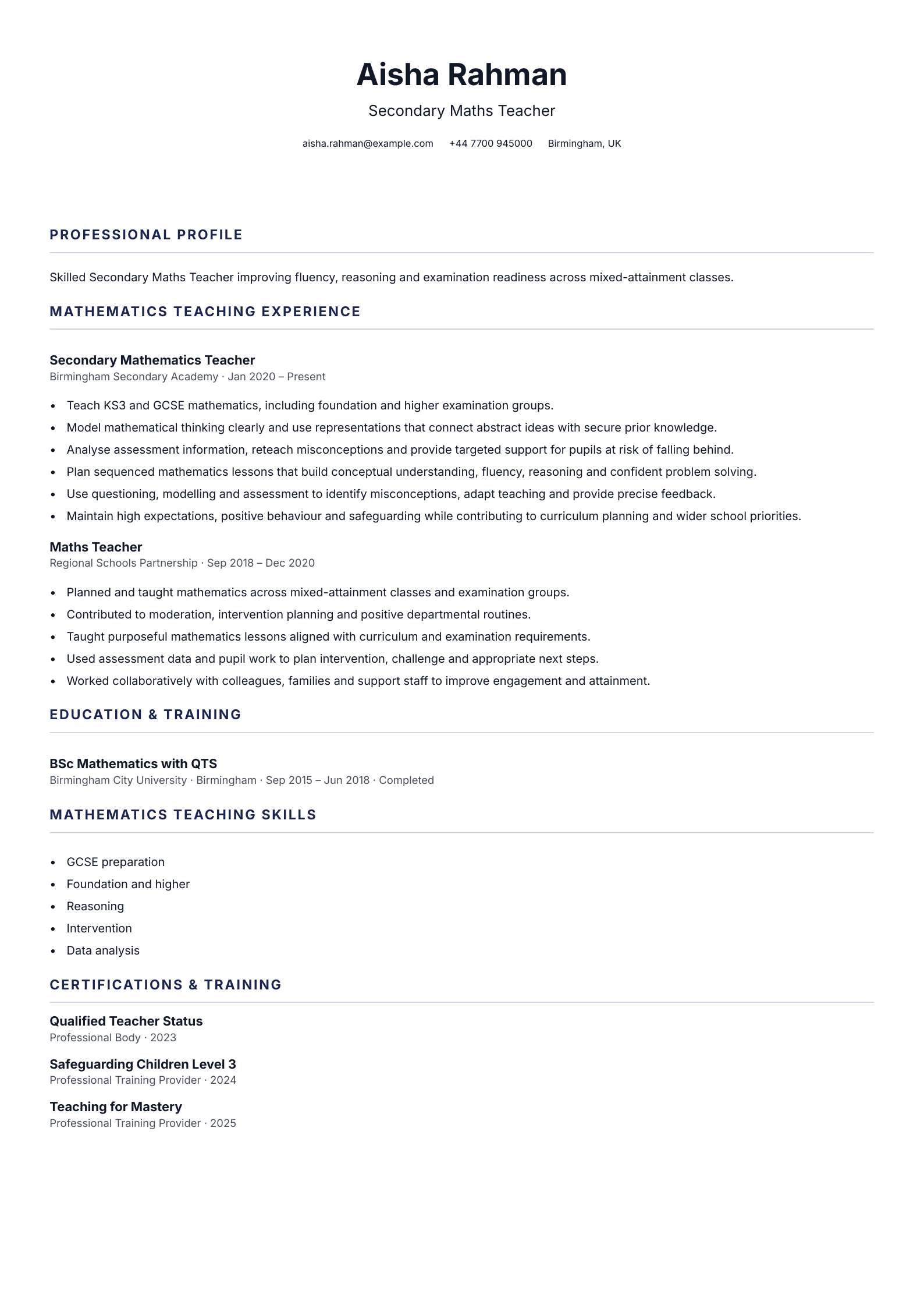 Secondary Maths Teacher CV template