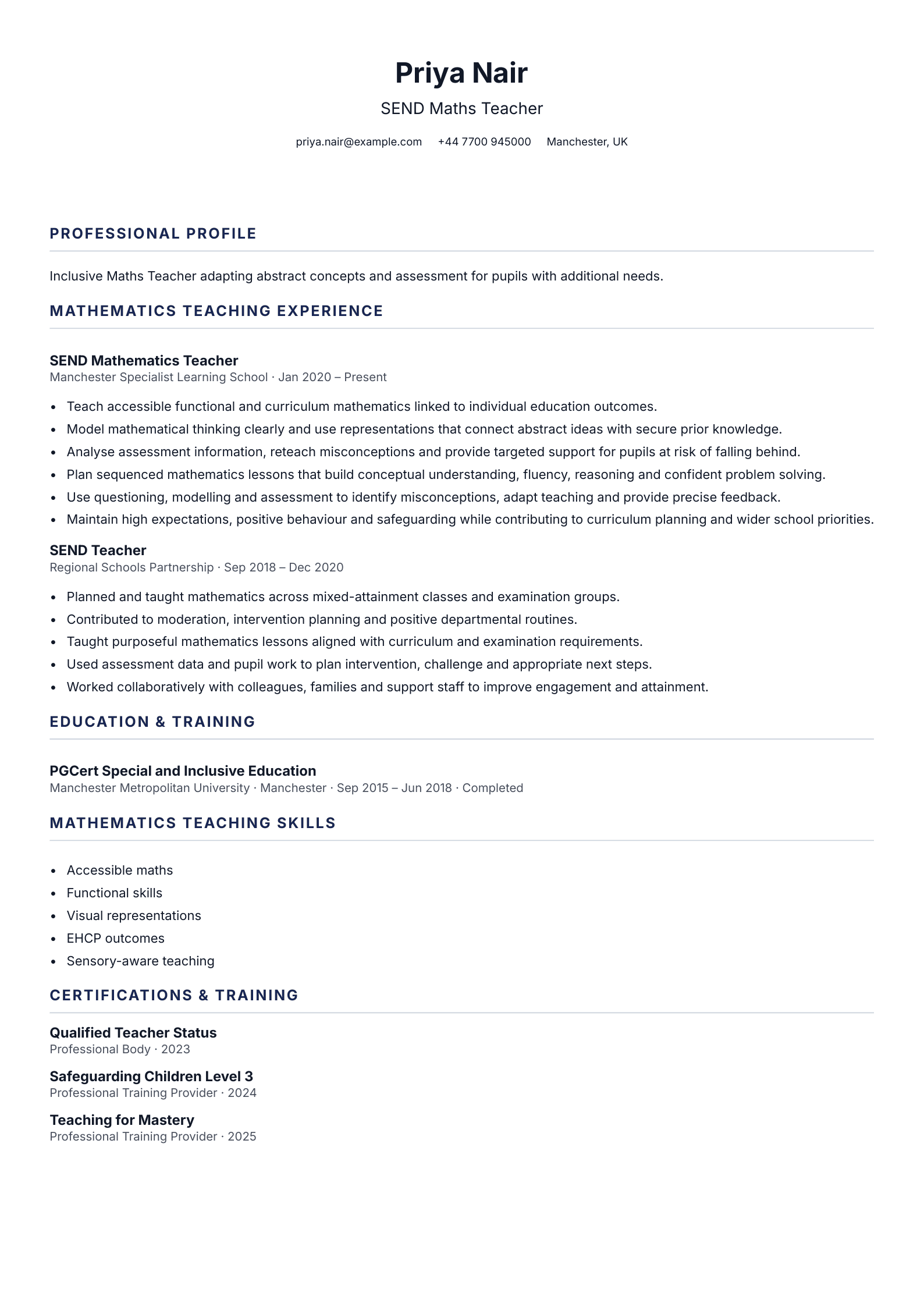 SEND Maths Teacher CV template