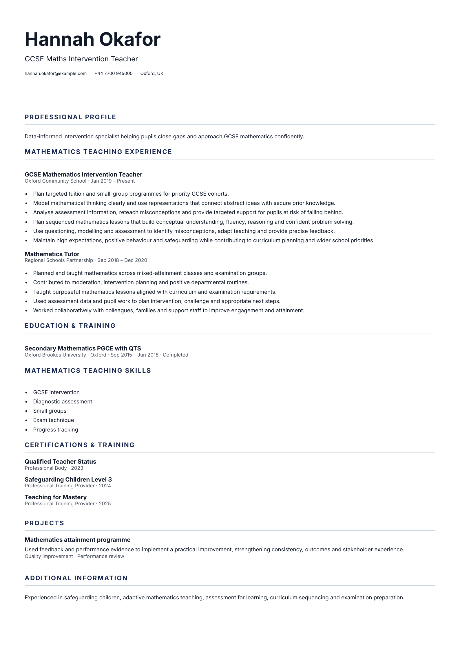 GCSE Maths Intervention Teacher CV template