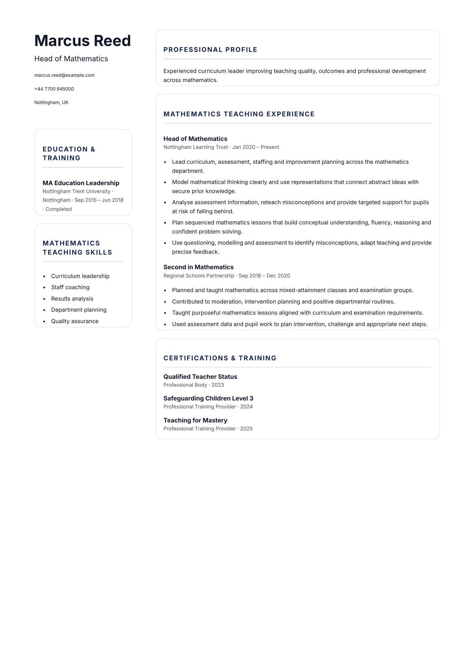 Head of Mathematics CV template