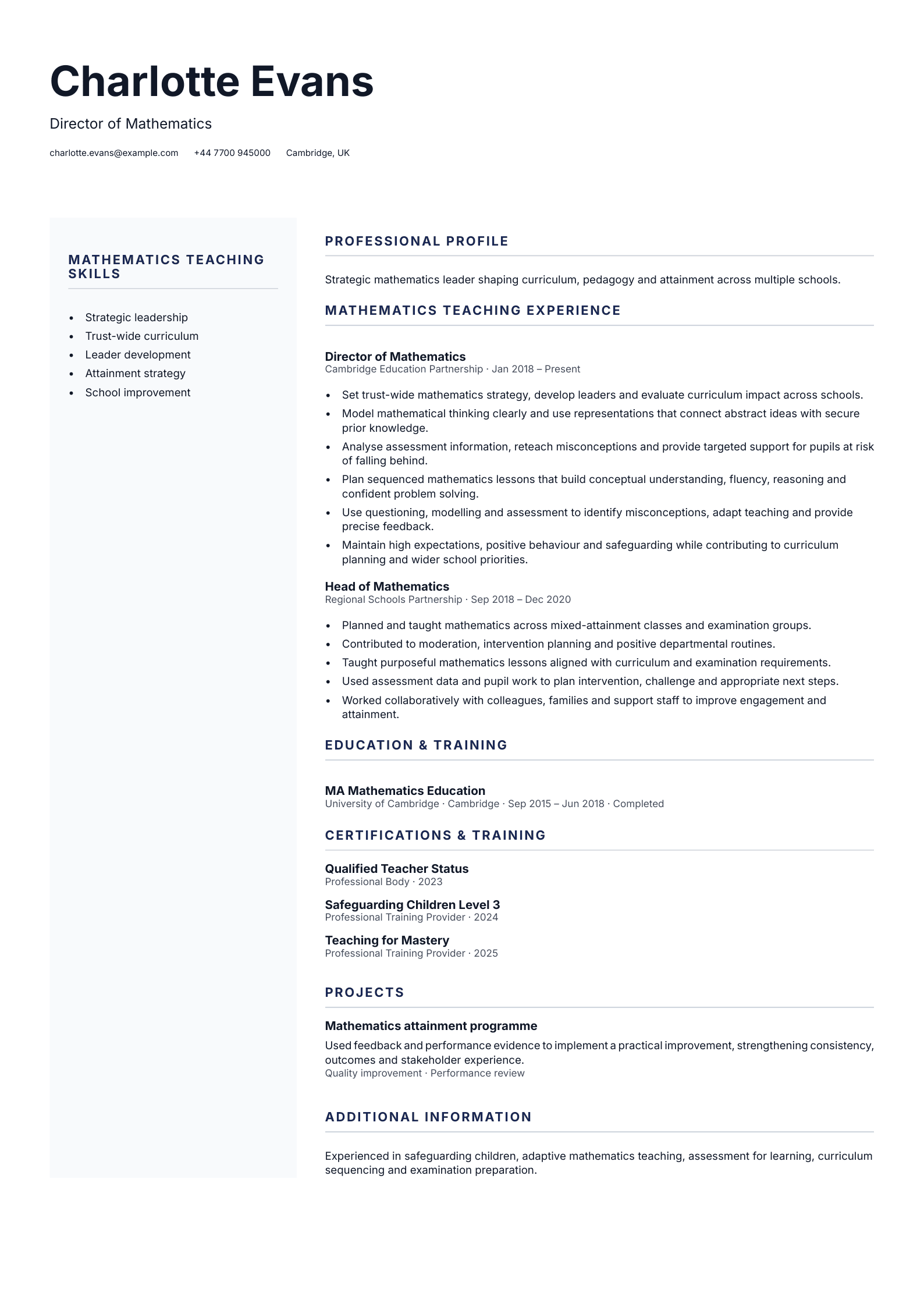 Director of Mathematics CV template