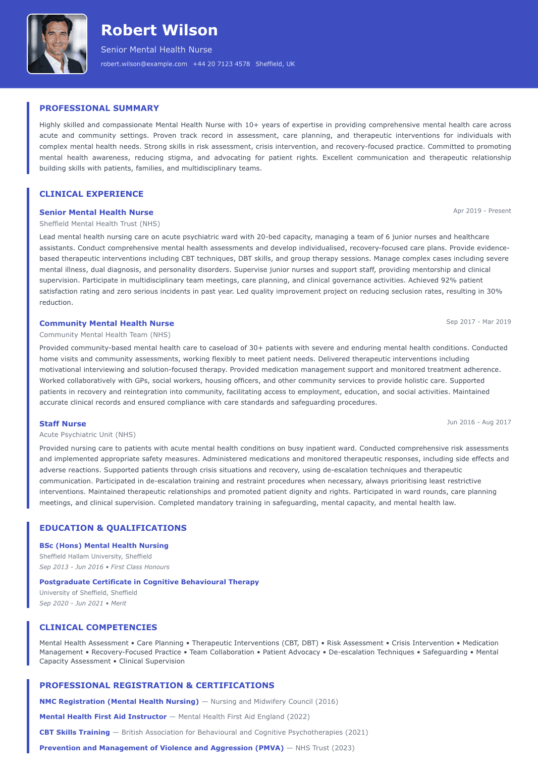 free medical cv template mental health professional