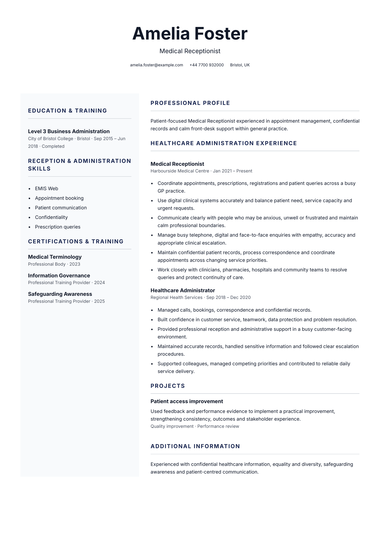 Medical receptionist CV