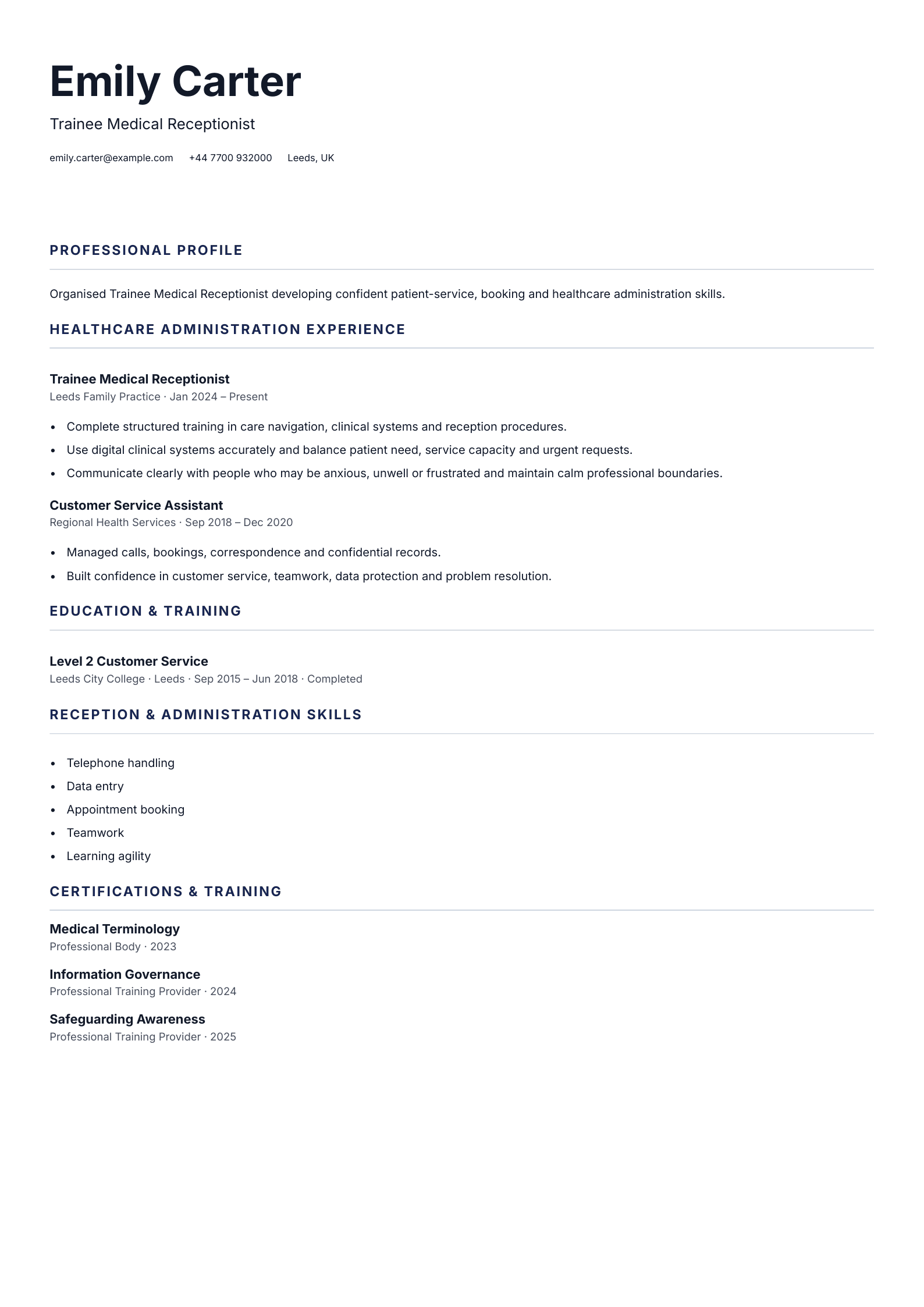 Trainee Medical Receptionist CV template