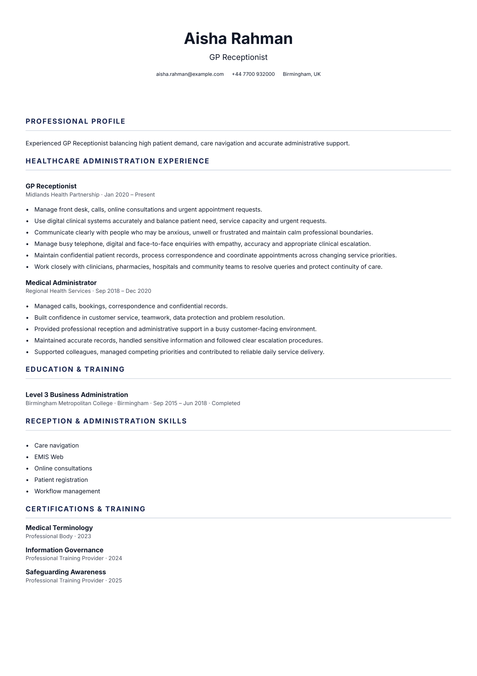 GP Receptionist CV template