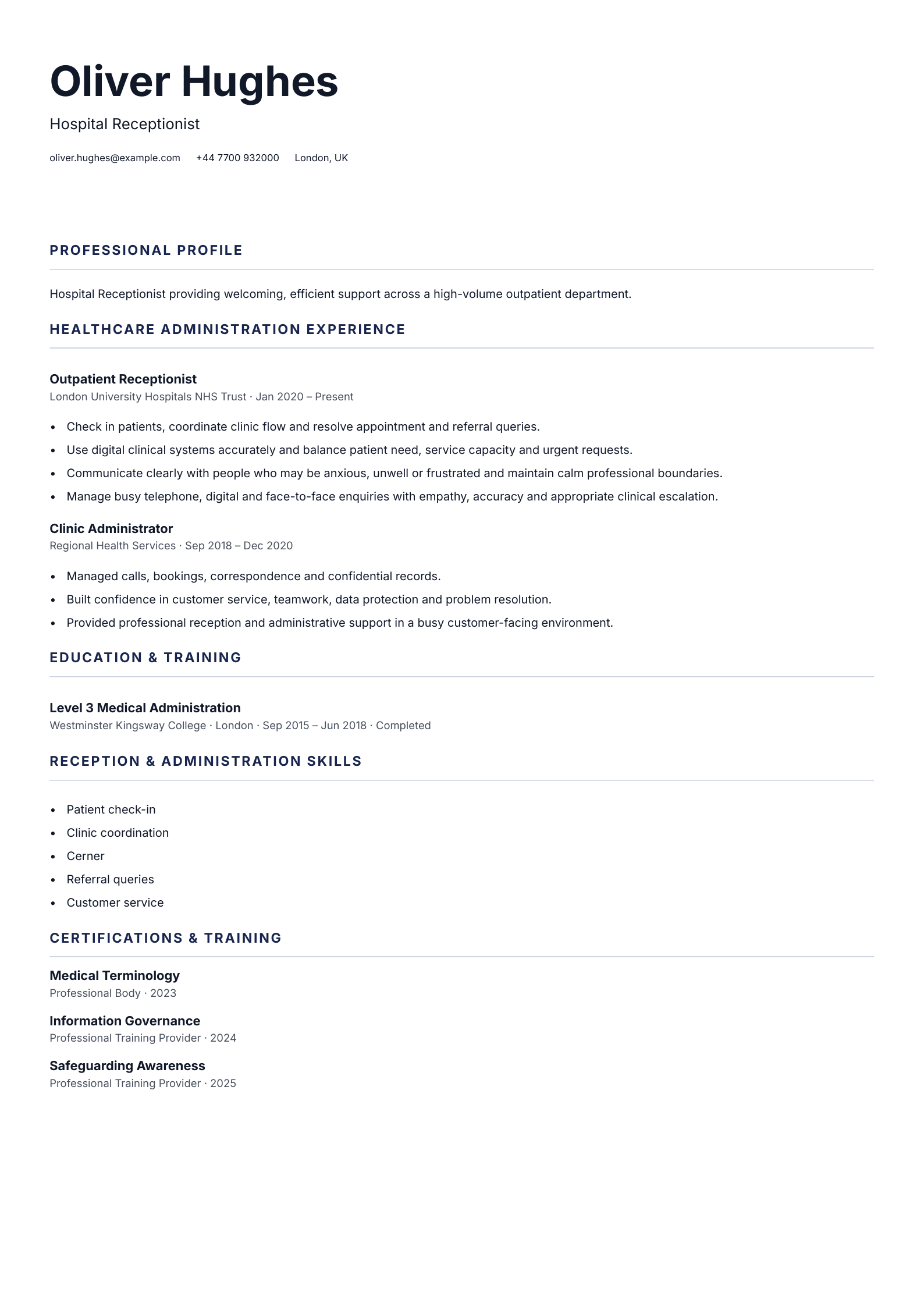 Hospital Receptionist CV template