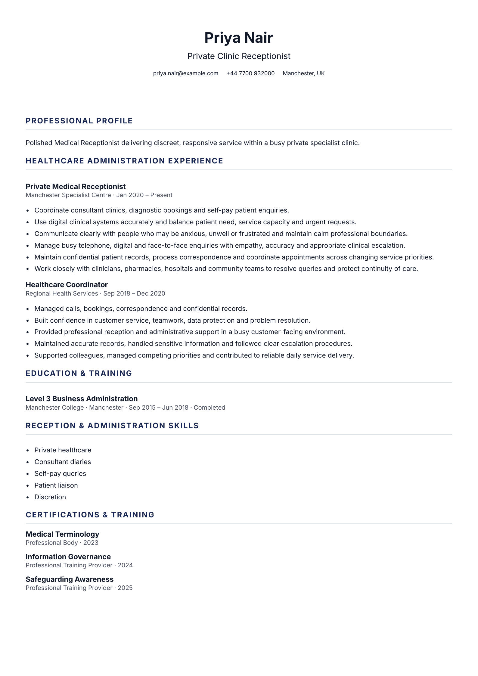 Private Clinic Receptionist CV template