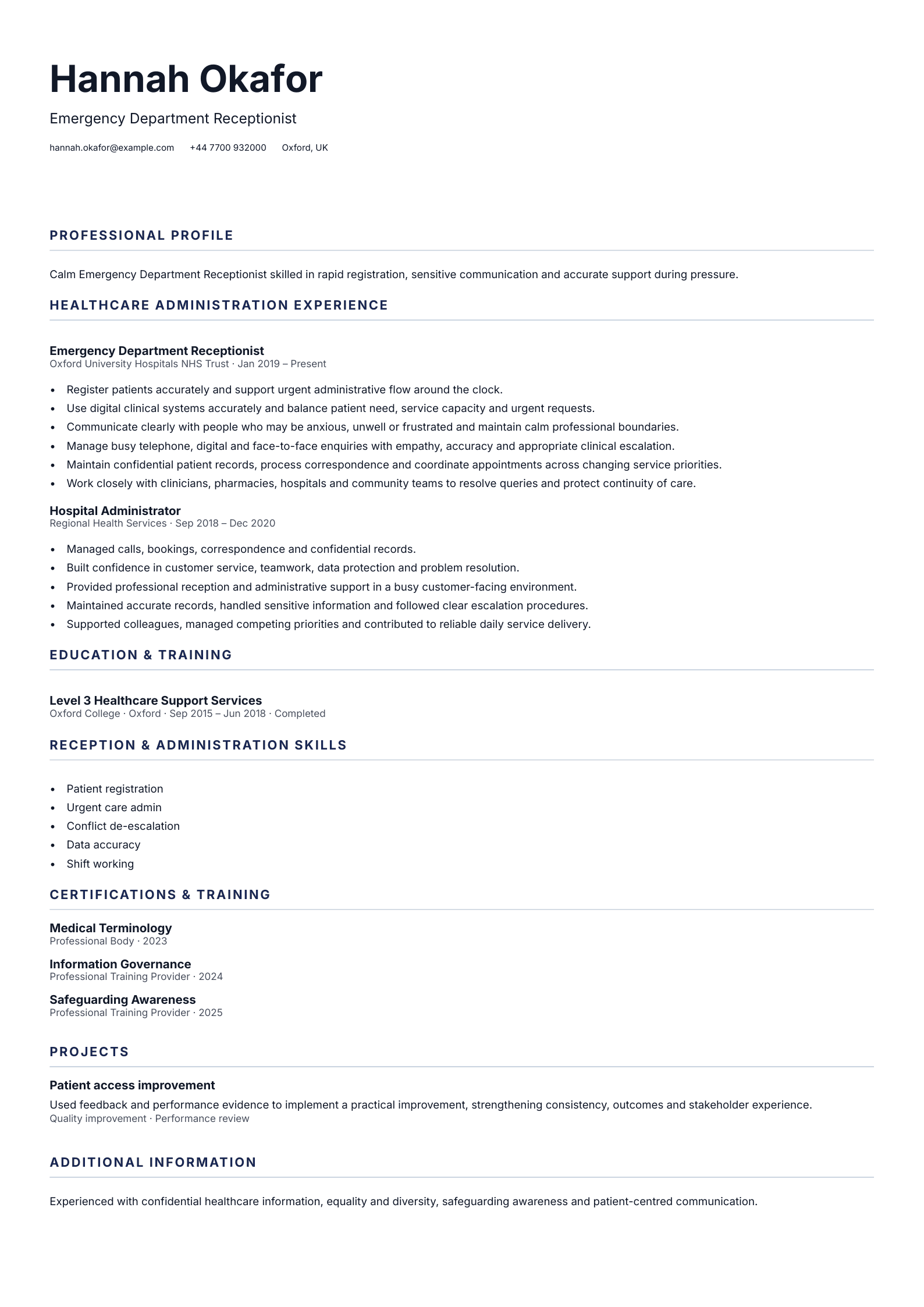 Emergency Department Receptionist CV template
