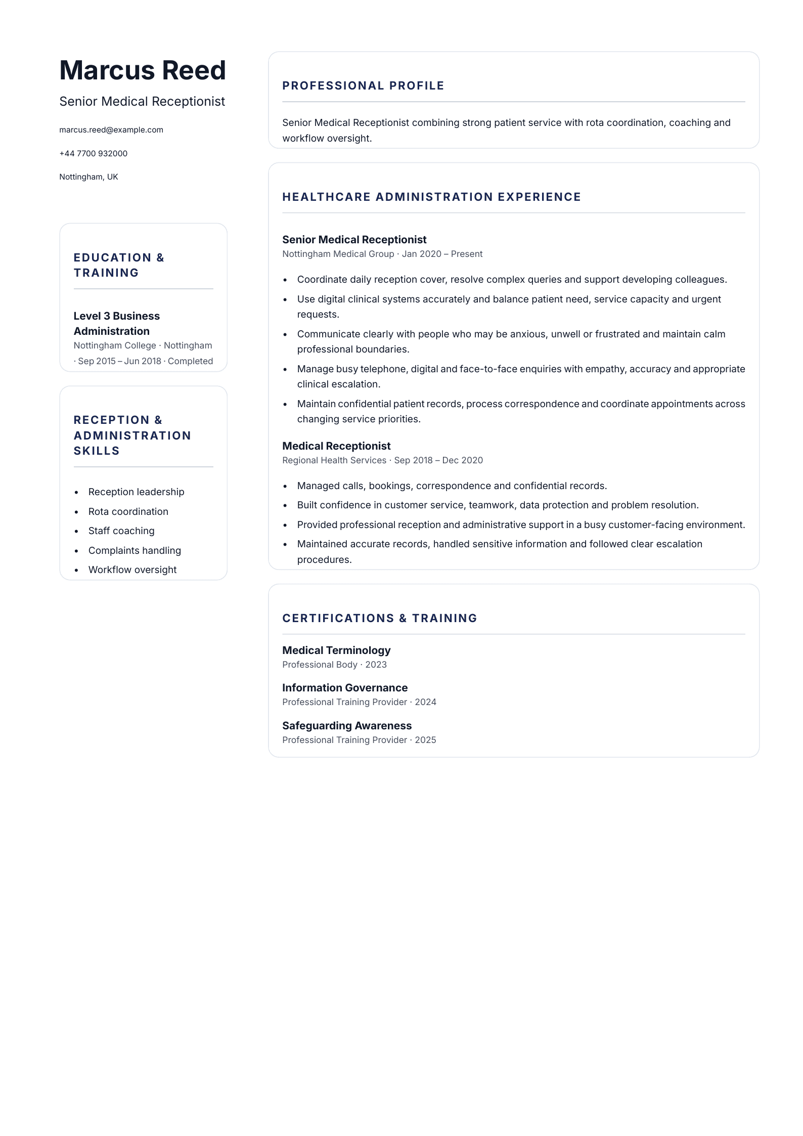 Senior Medical Receptionist CV template