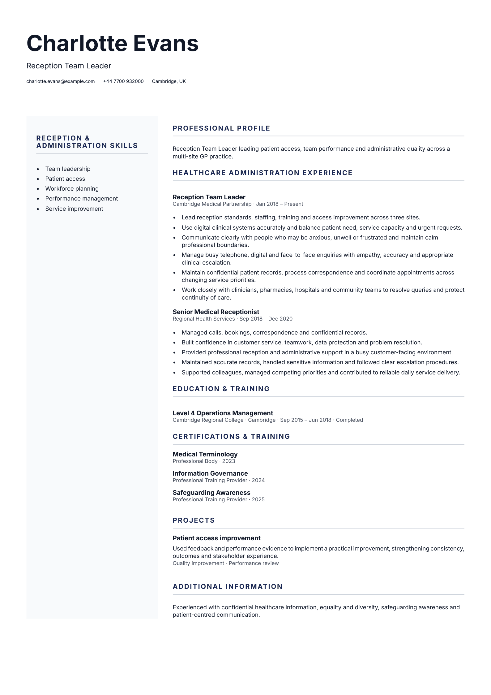 Reception Team Leader CV template