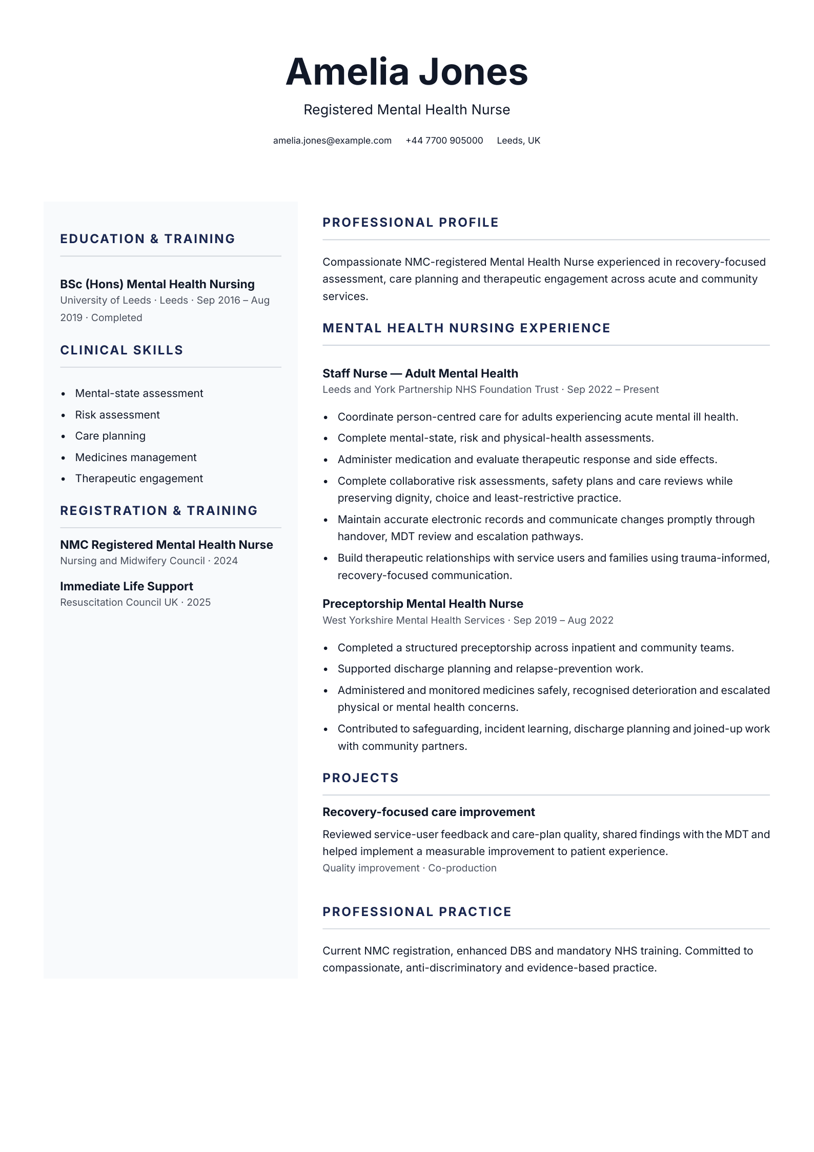 Registered Mental Health Nurse CV template