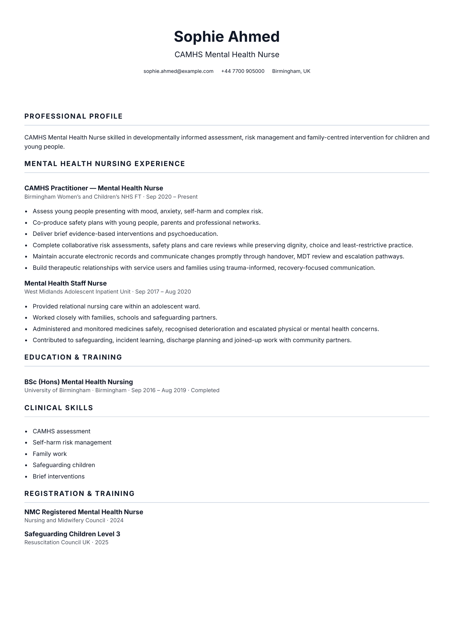 CAMHS Mental Health Nurse CV template