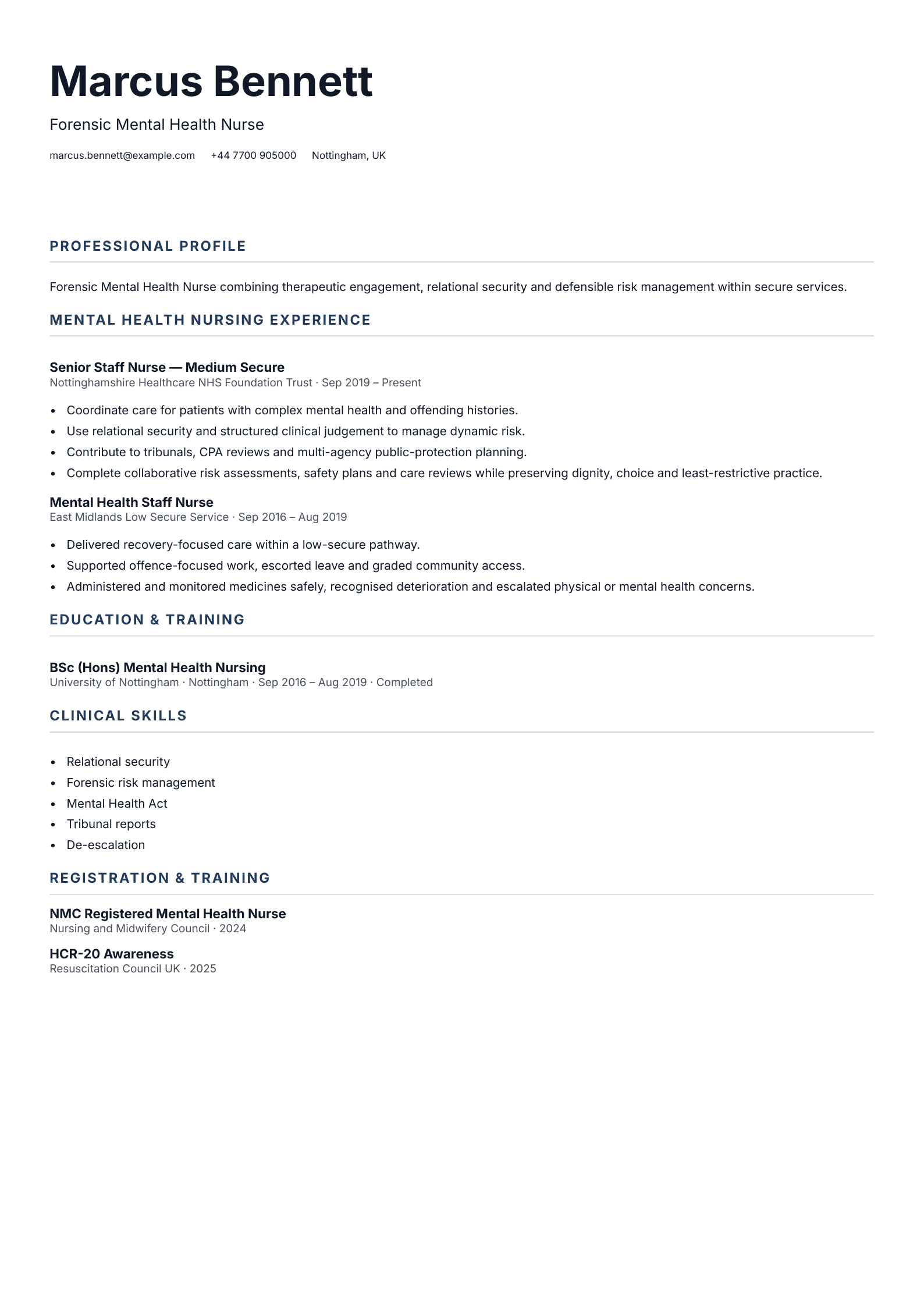 Forensic Mental Health Nurse CV template