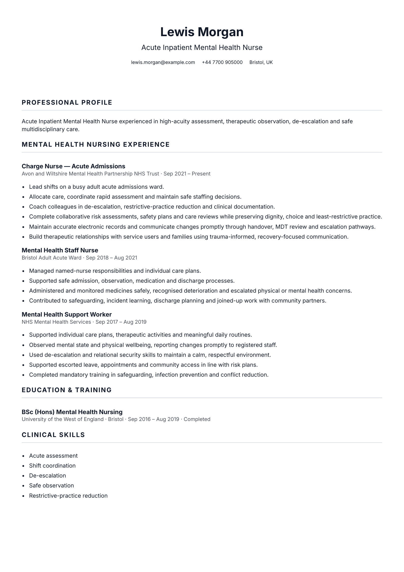 Acute Inpatient Mental Health Nurse CV template