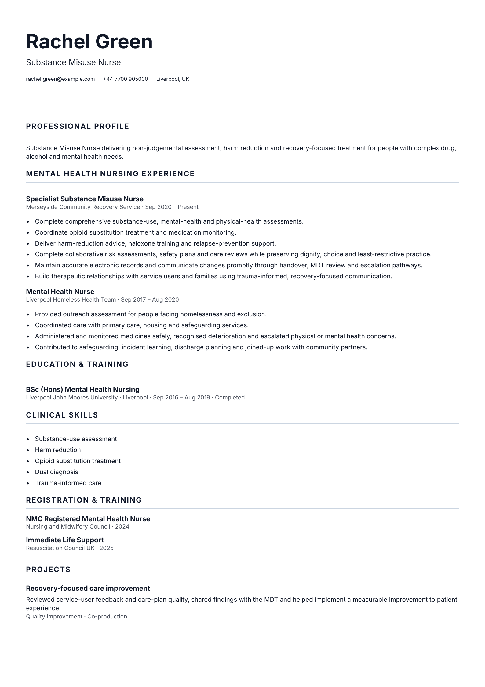 Substance Misuse Nurse CV template