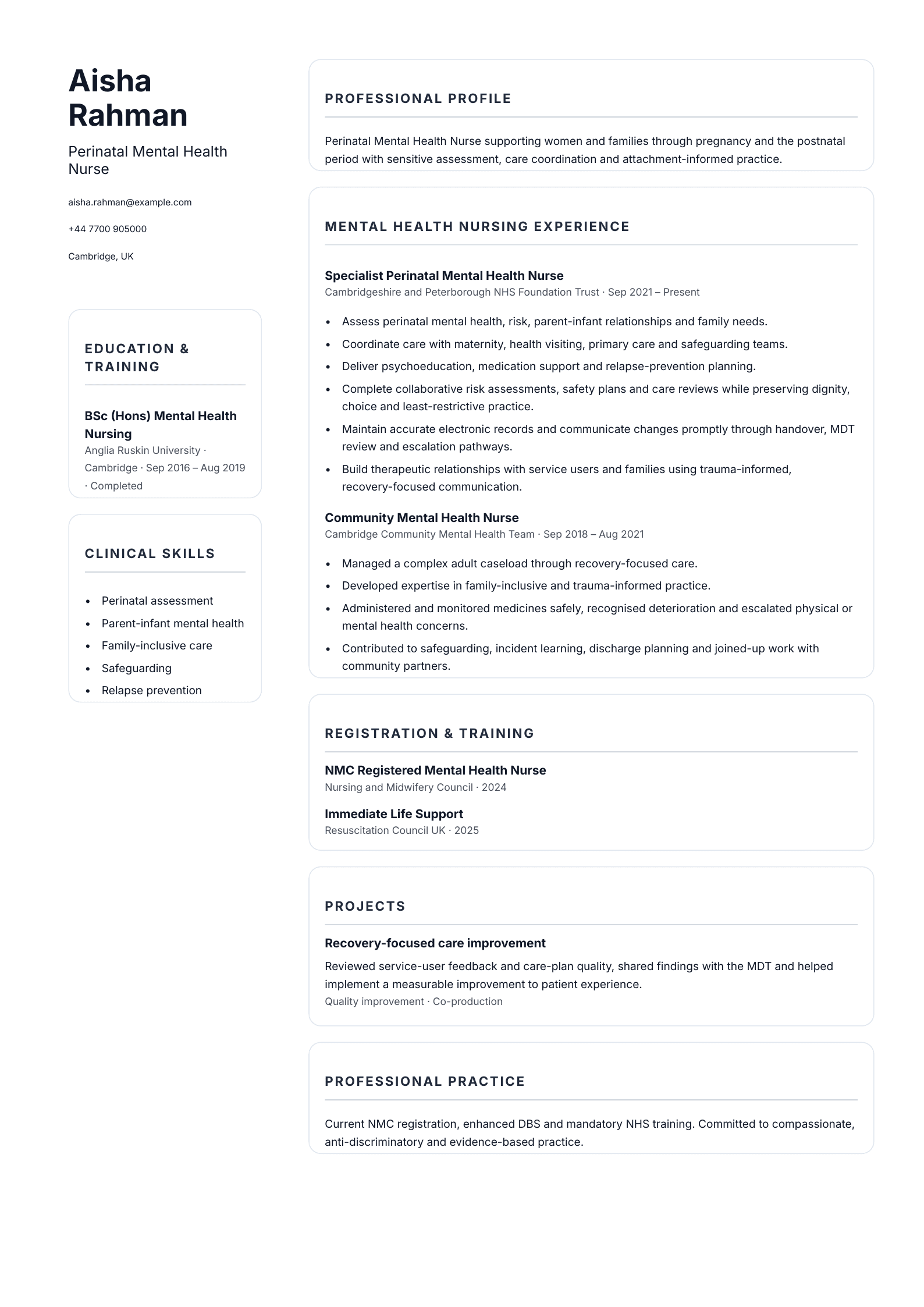 Perinatal Mental Health Nurse CV template
